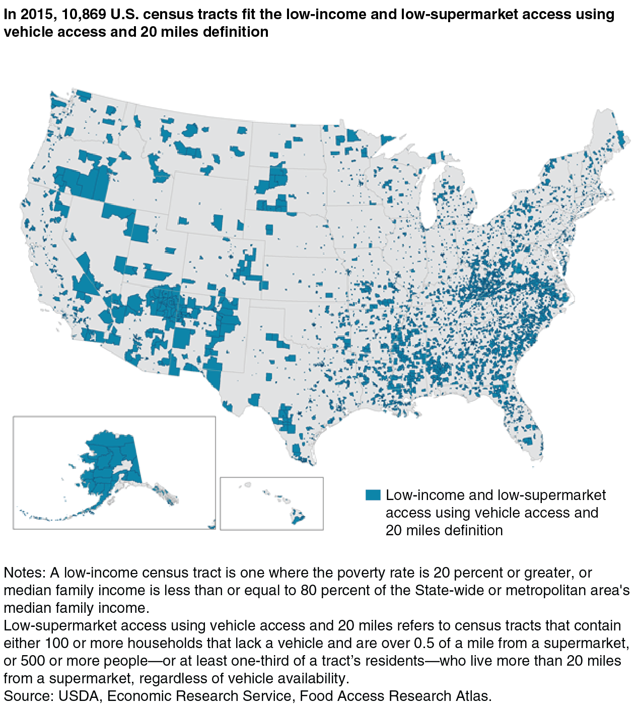 A map indicating the U.S. census tracks that fit the Low-Income and Low-Supermarket Access using Vehicle Access and 20 Miles definition of food access in 2015.