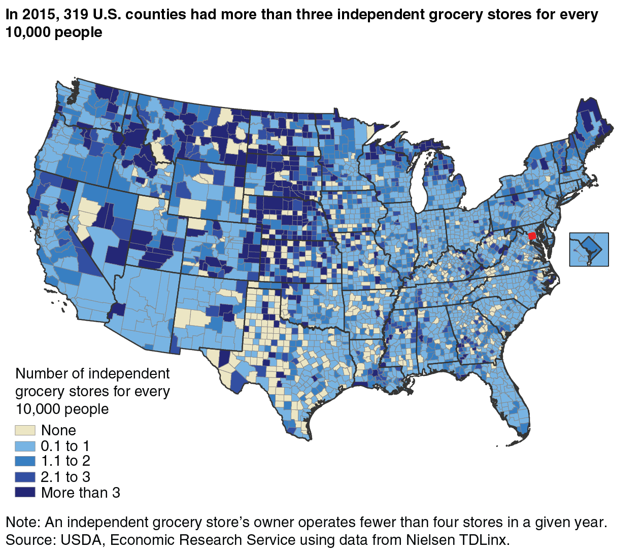 A map of the continental United States showing the number of independent grocery stores for every 10,000 residents in 2015 by county