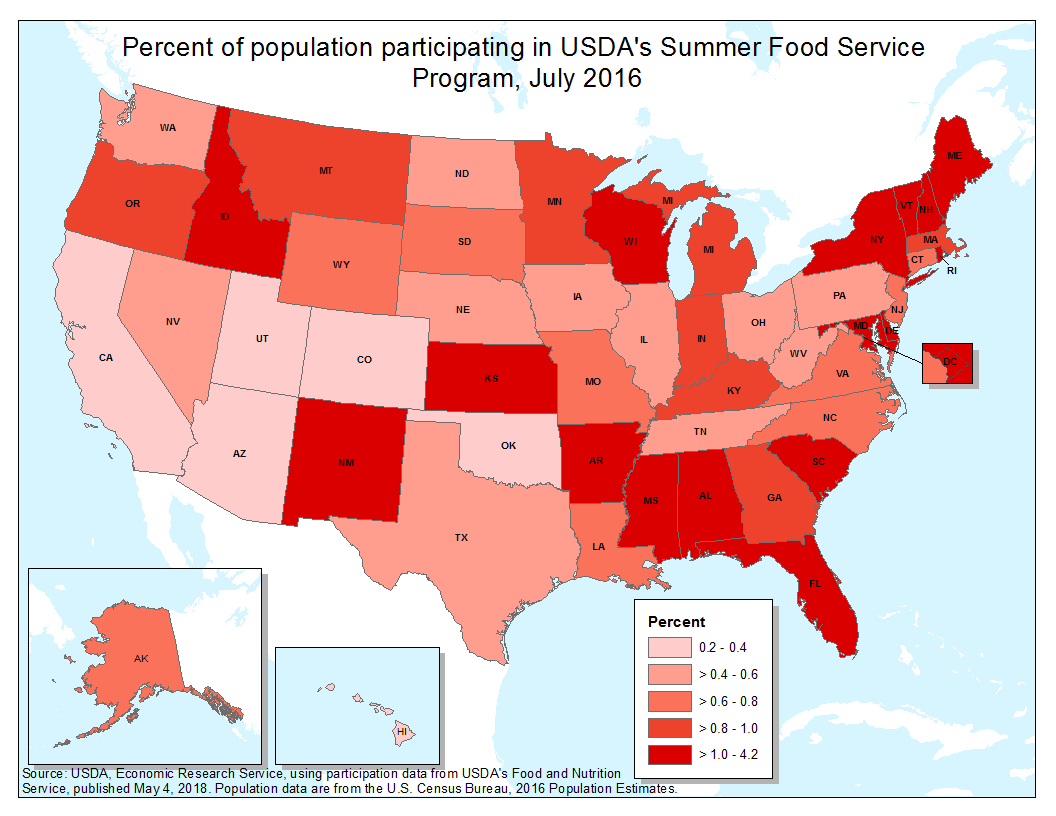 Map showing the percent of population participating in USDA's Summer Food Service Program by State, July 2016