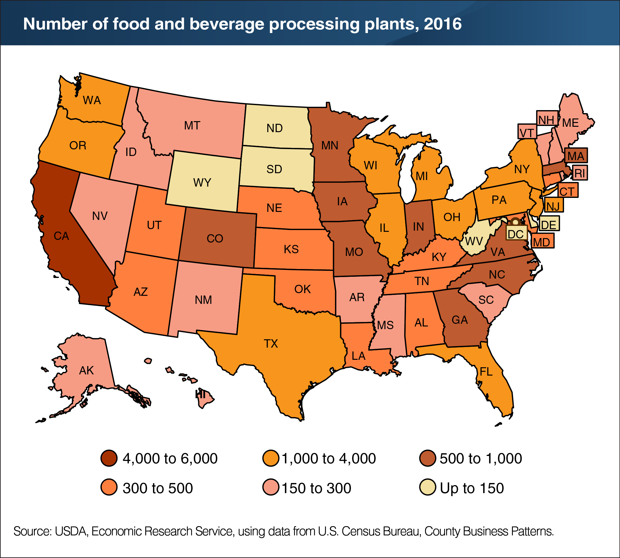 A map showing the number of food and beverage processing plants, 2016