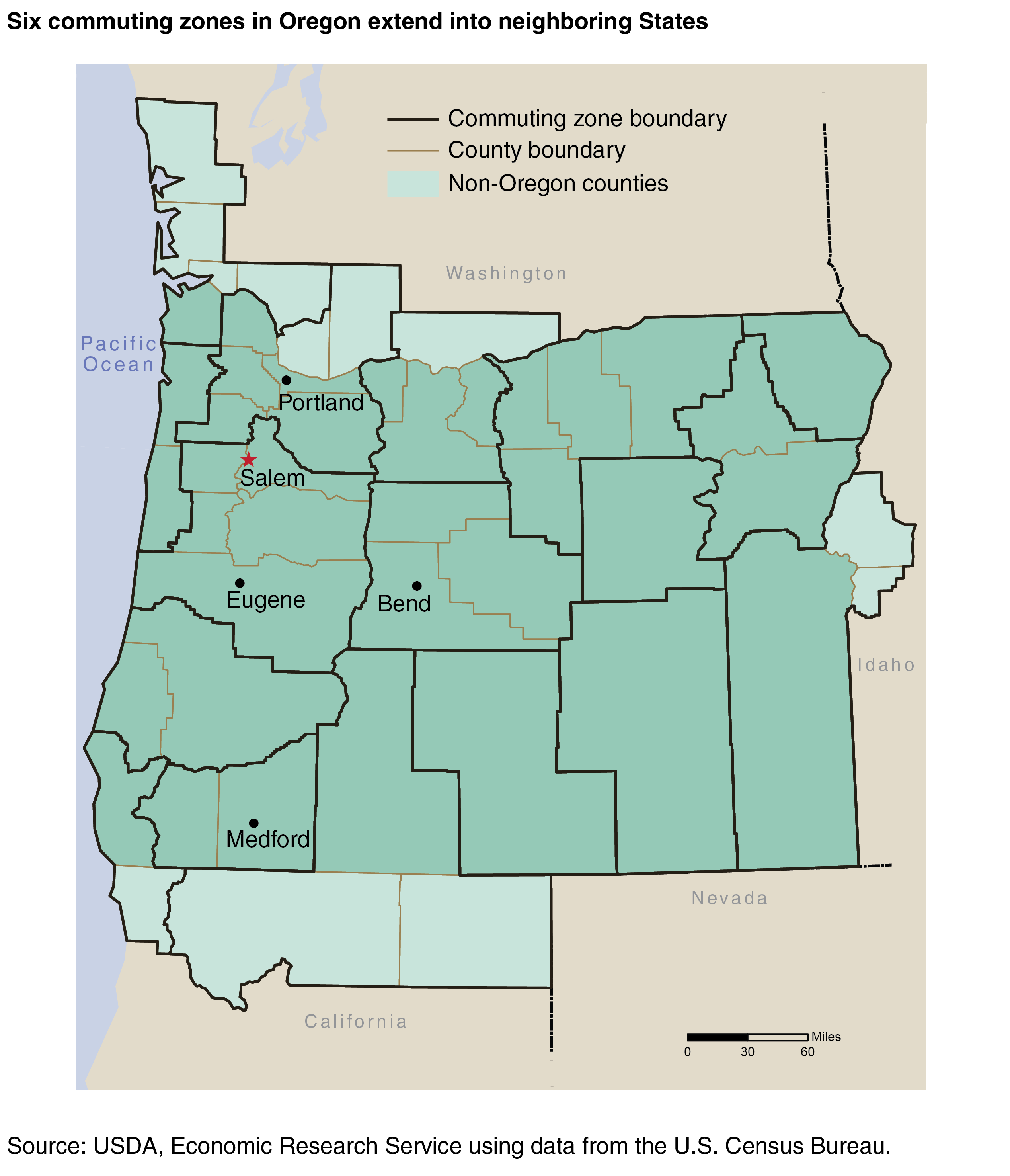 A map of Oregon and parts of neighboring States showing county boundaries and commuting zone boundaries