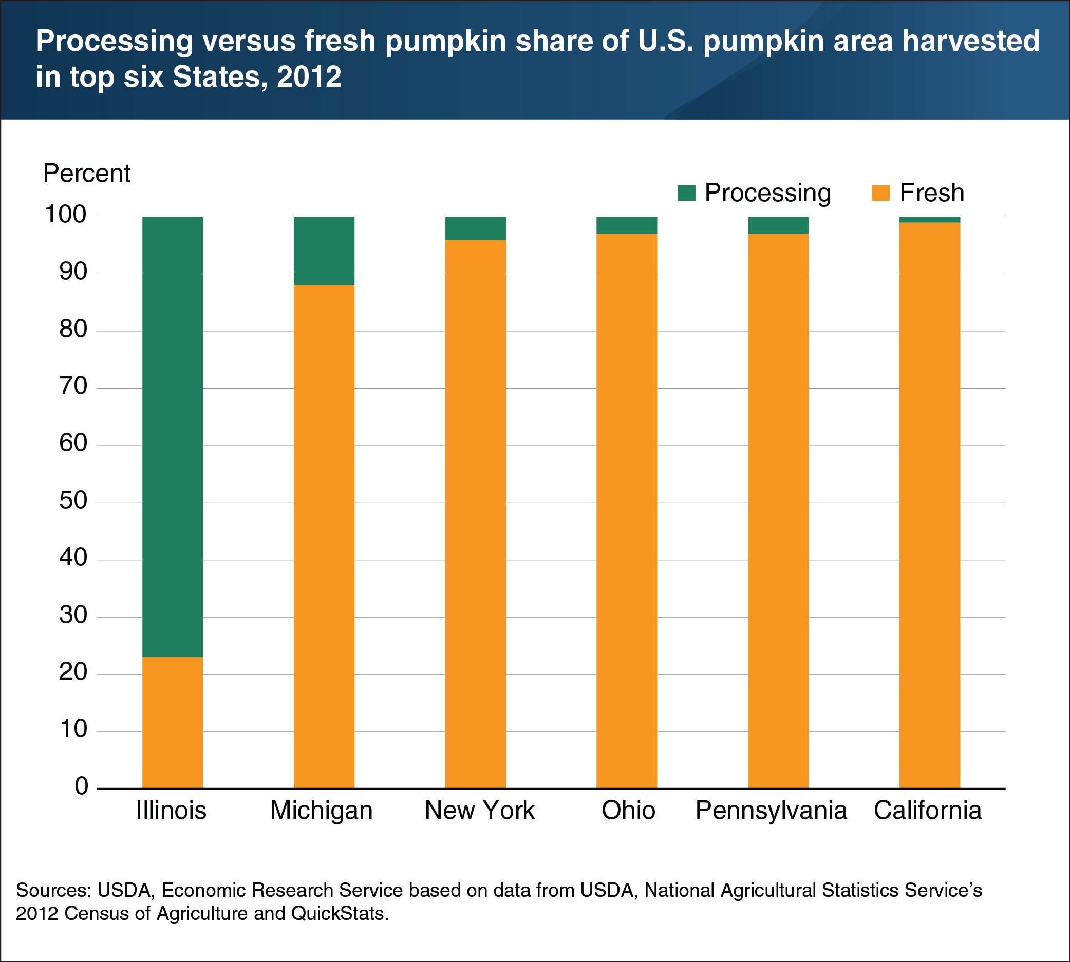 A chart showing processing versus fresh pumpkin share of U.S. pumpkin area harvested in top six States, 2012