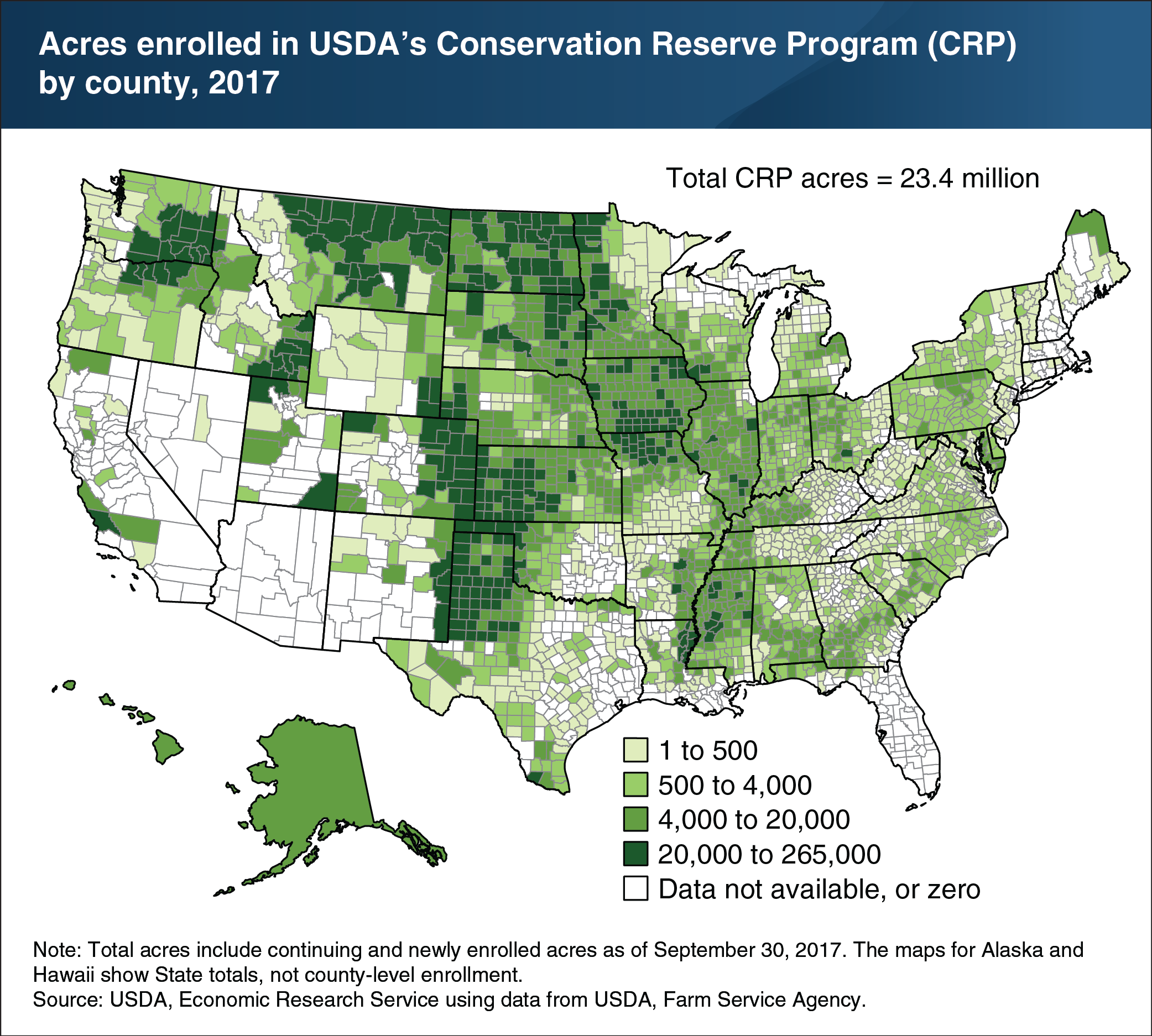 Map showing acres enrolled in USDA's Conservation Reserve Program (CRP) by county, 2017