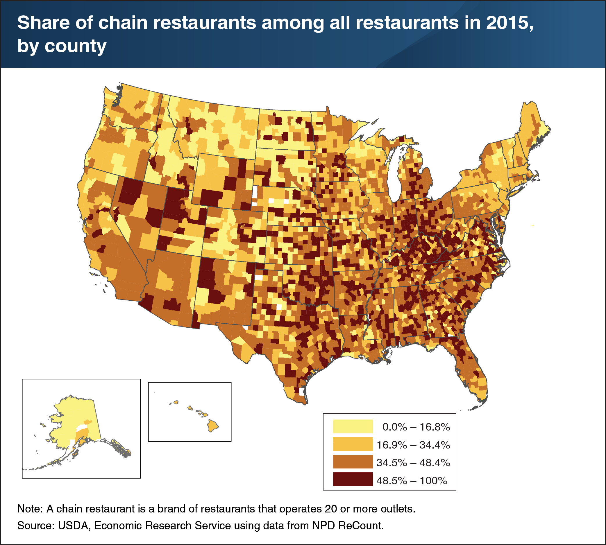 Chart showing share of chain restaurants among all restaurants in 2015, by county.