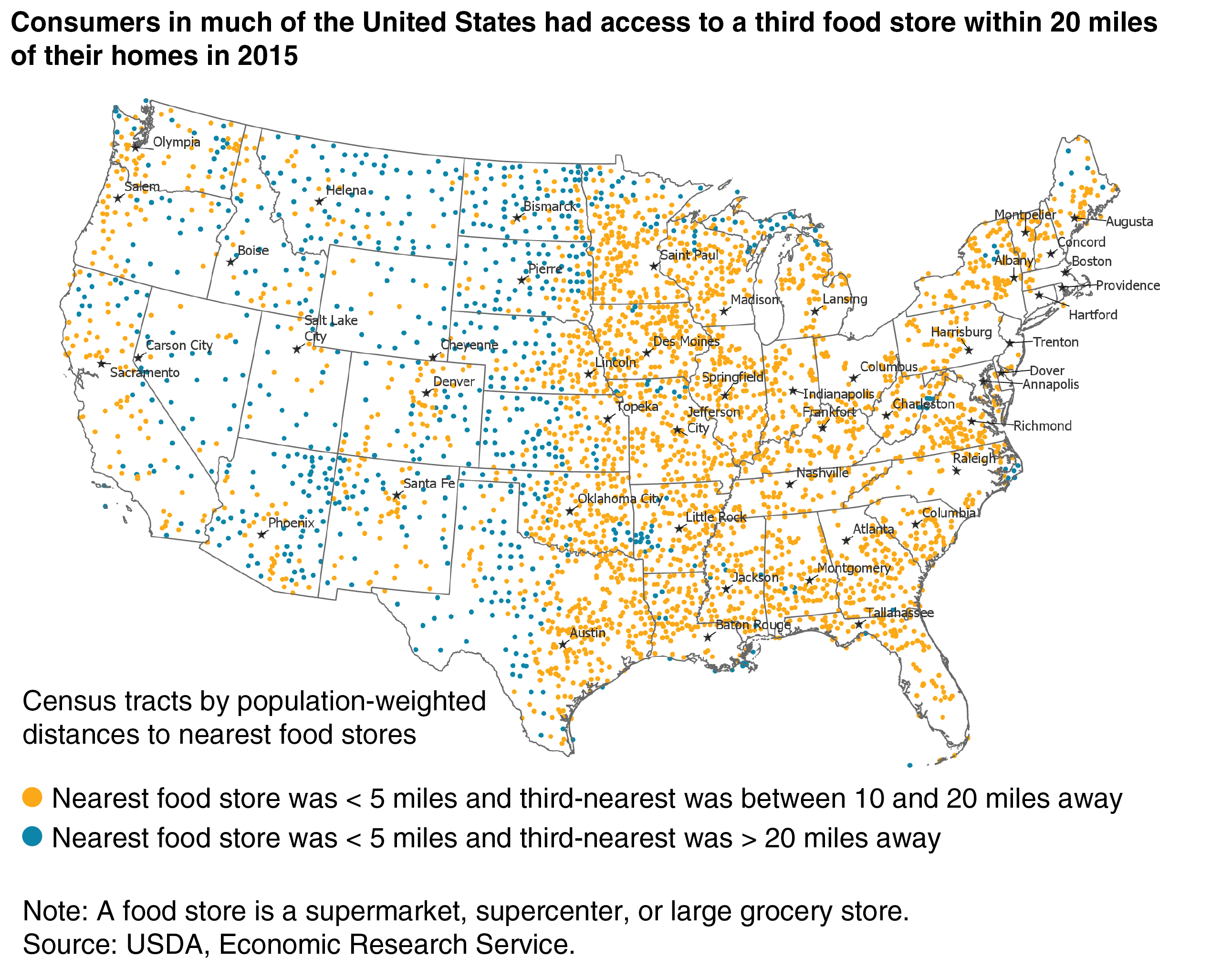 U.S. map showing census tracts where population-weighted center was within 5 miles of nearest food store and between 10 to 20 miles from 3rd-nearest food store and census tracts within 5 miles of neast food store but 20 miles or more from 3rd-nearest