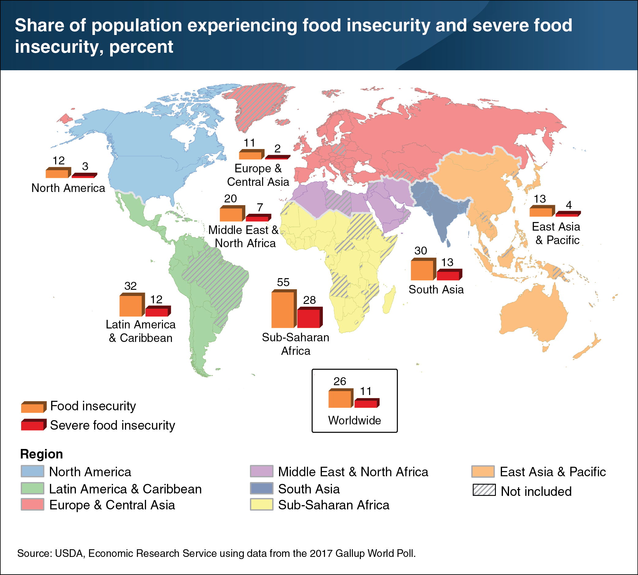 This chart shows a world map depicting the share of population experiencing food insecurity and severe food insecurity by percent.