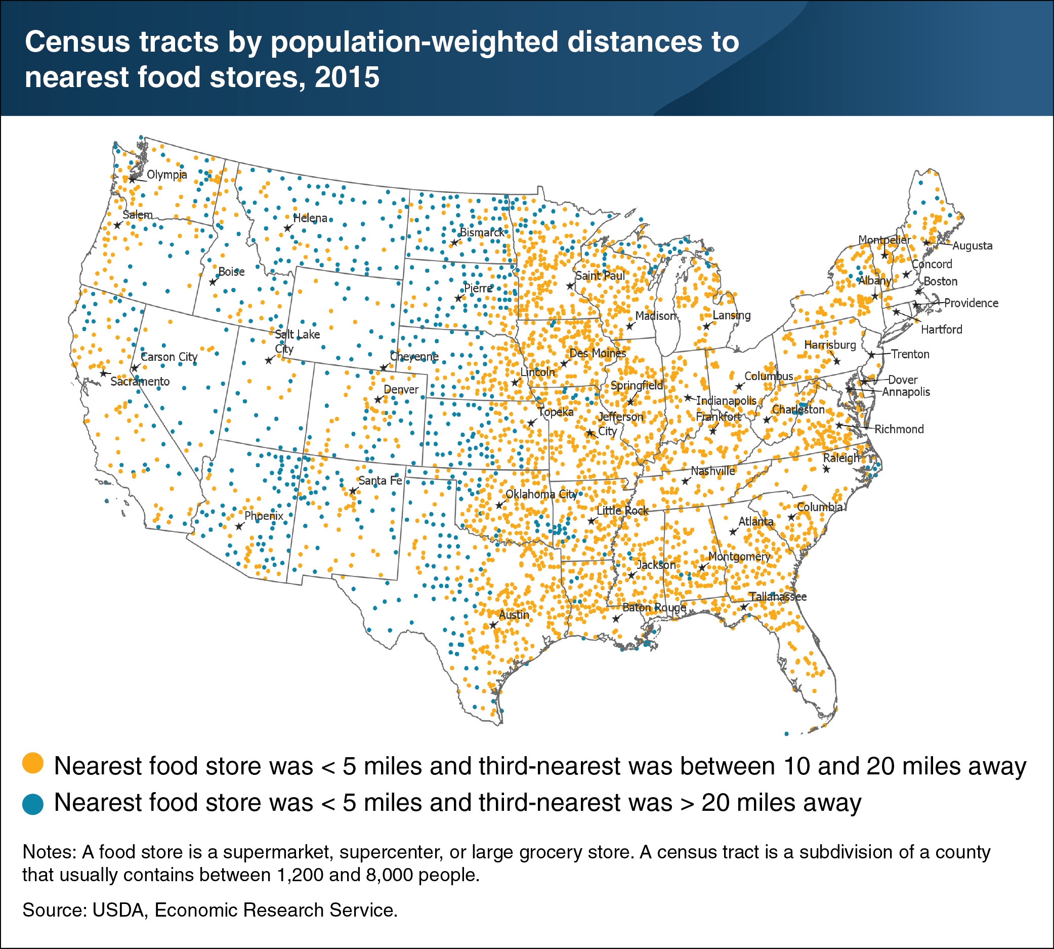 Map of U.S. shows census tracts by population-weighted distances to nearest food stores in 2015