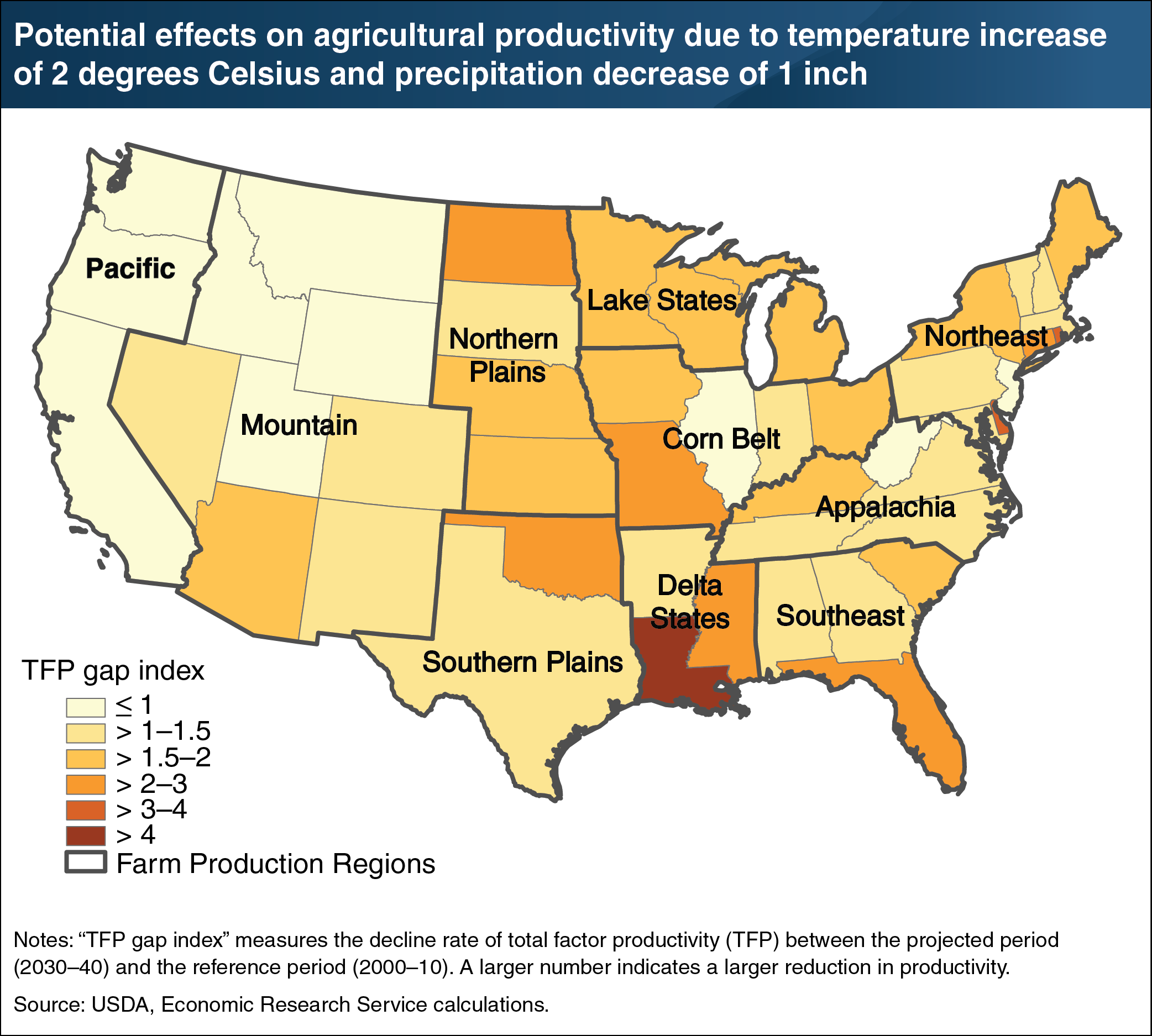 Map showing potential effects on agricultural productivity due to temperature increase   of 2 degrees Celsius and precipitation decrease of 1 inch.