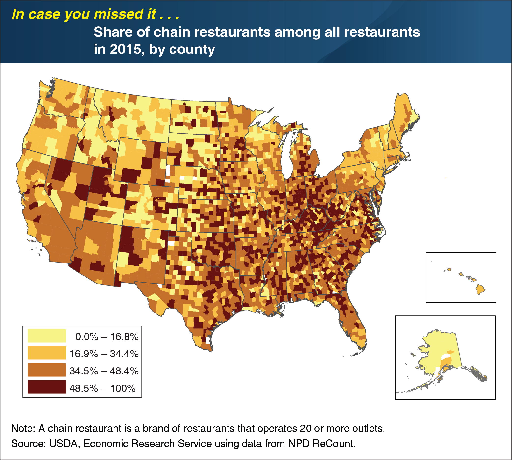 This chart is a United States map that shows the share of chain restaurants among all restaurants in 2015, by county.