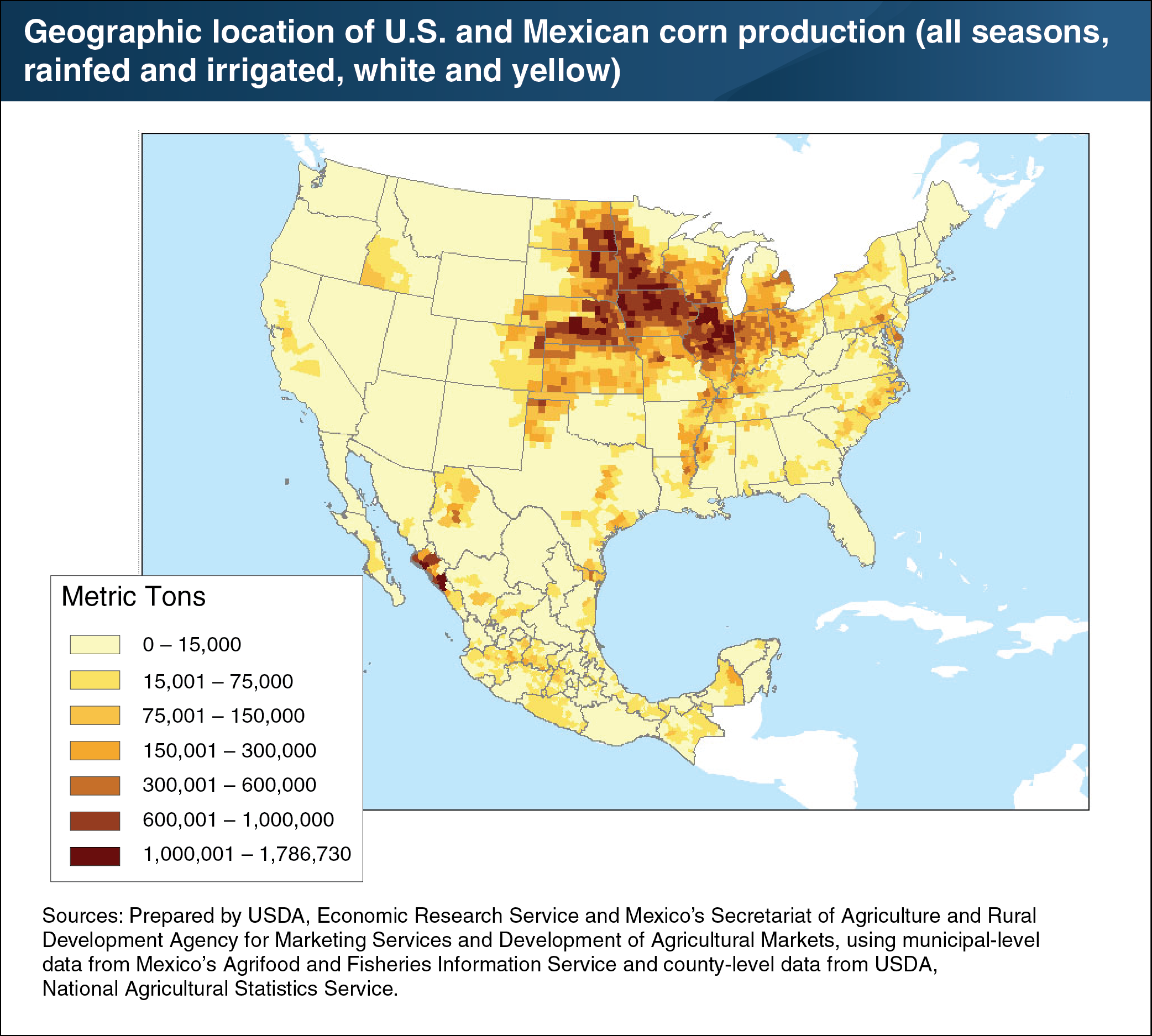 This chart shows a map of the United States and Mexico showing the geographic location of U.S. and Mexican corn production (all seasons, rainfed and irrigated, white and yellow).