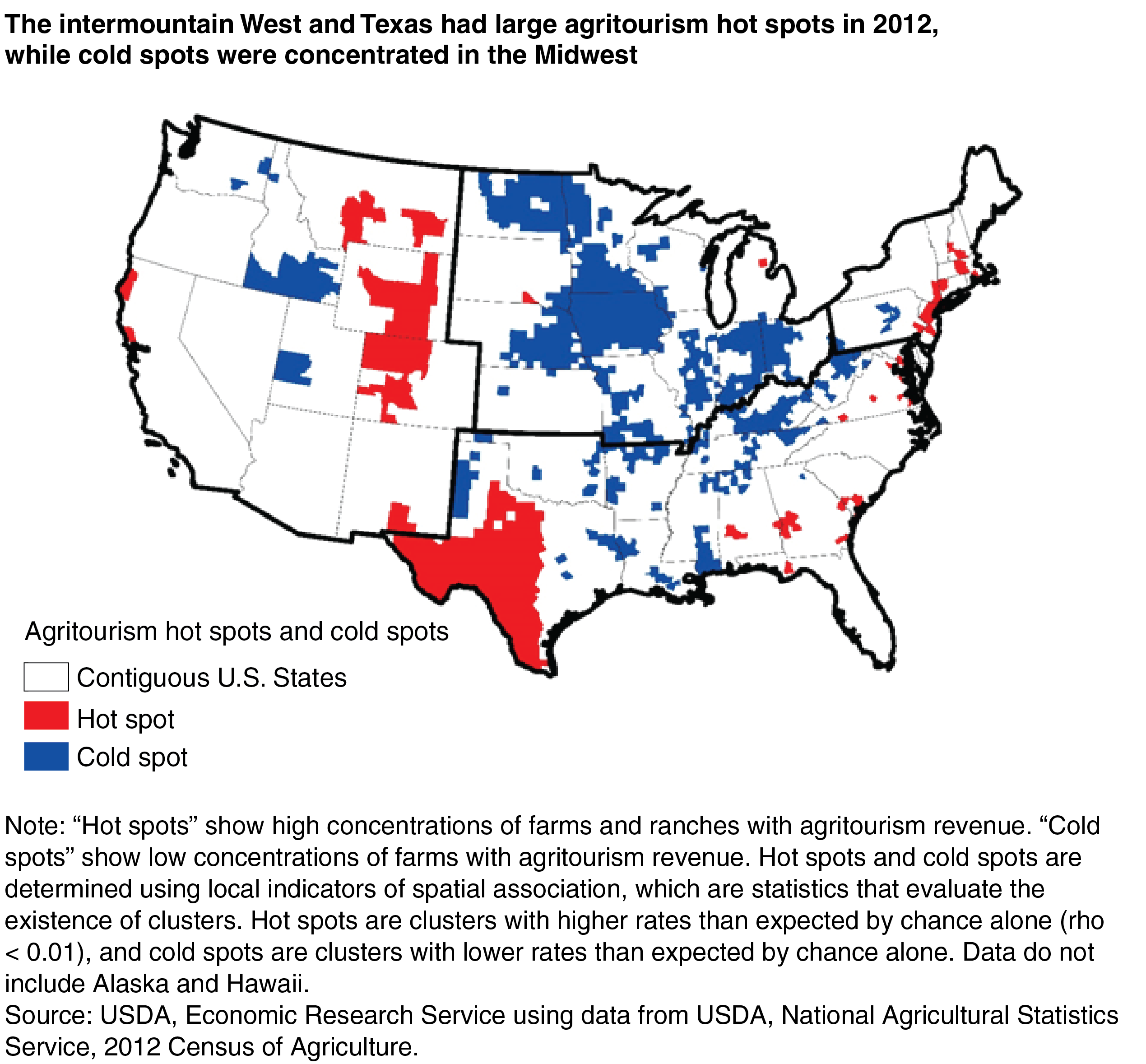A map shows that the intermountain West and Texas had large agritourism hot spots in 2012, while cold spots were concentrated in the Midwest.