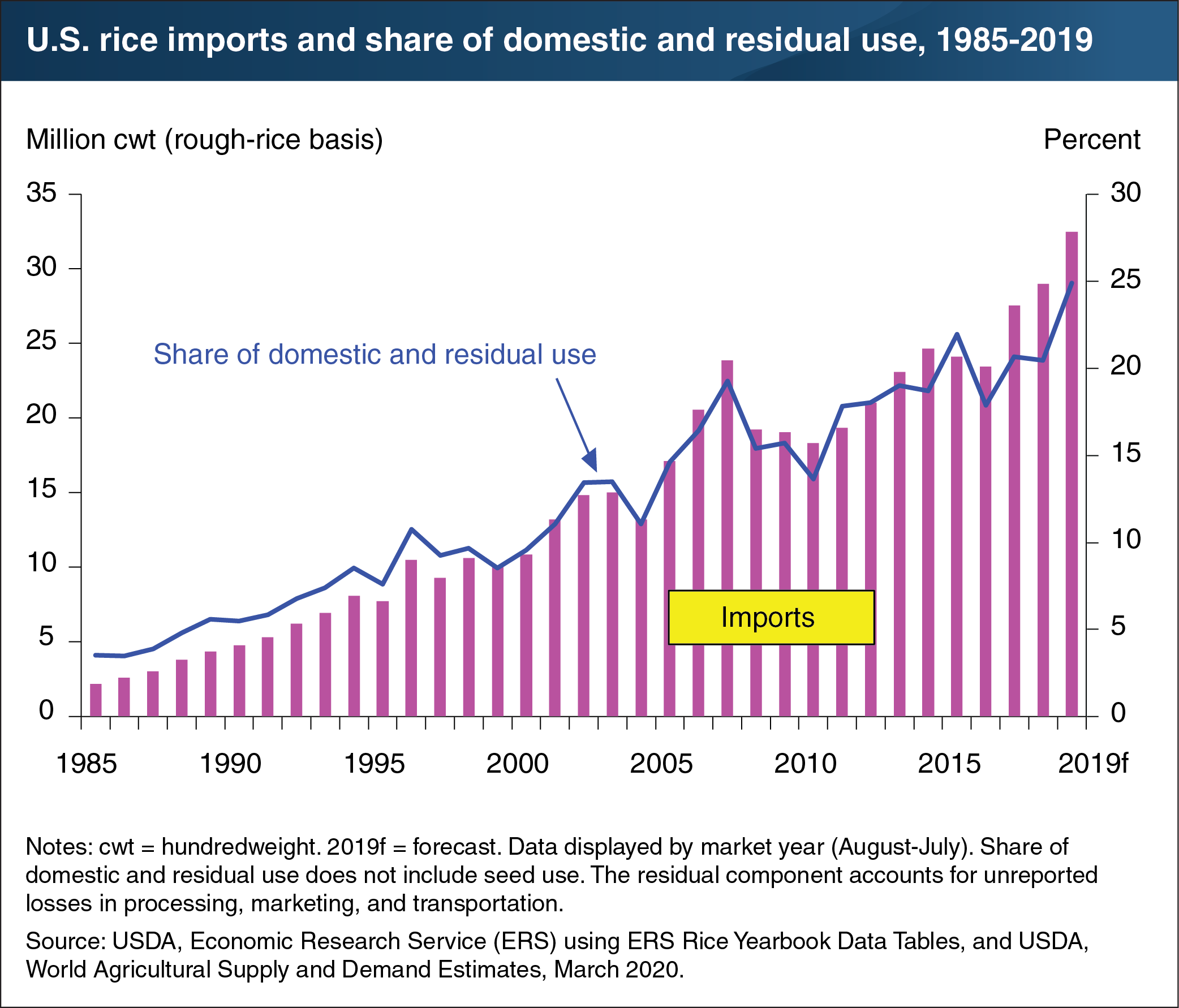 This bar chart shows that U.S. rice imports in 2019 and share of domestic and residual use, from 1985 to 2019.