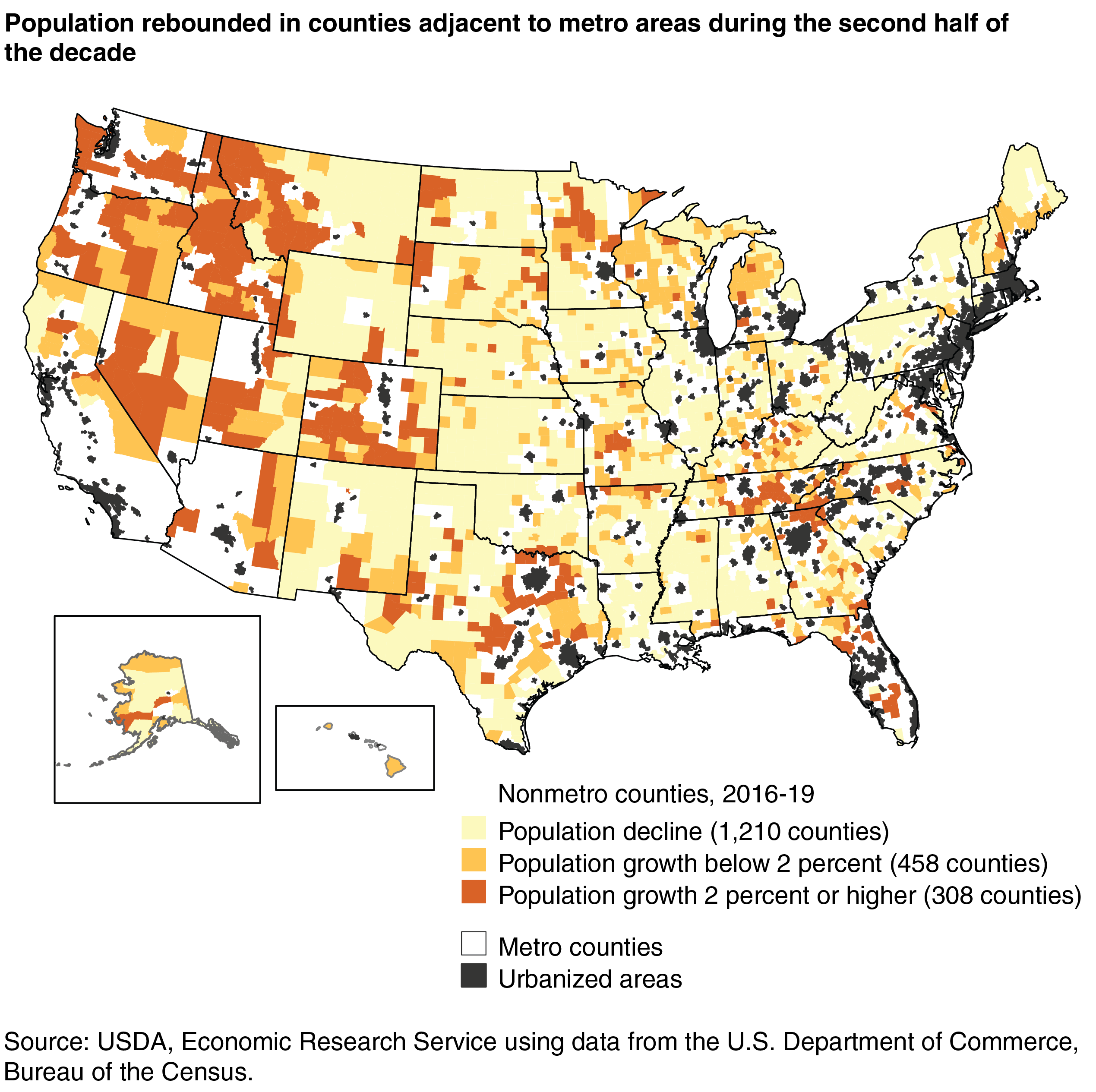 A map showing population rebounded in counties adjacent to metro areas during the second half of the decade