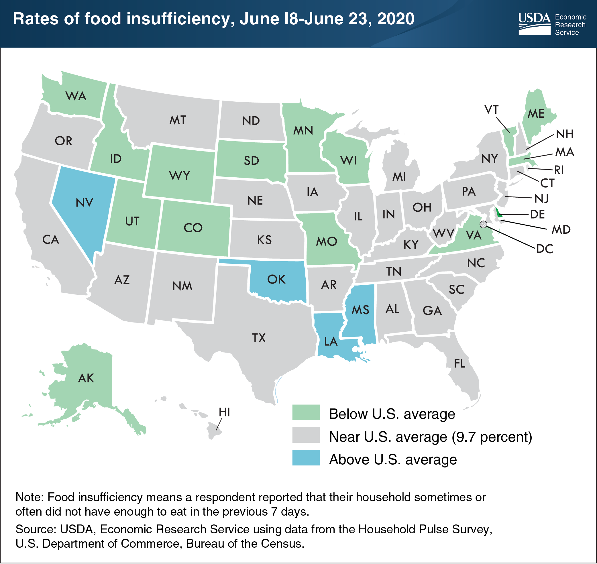 This map shows the rates of food insufficiency in the United States, from June 18 to June 23, 2020.