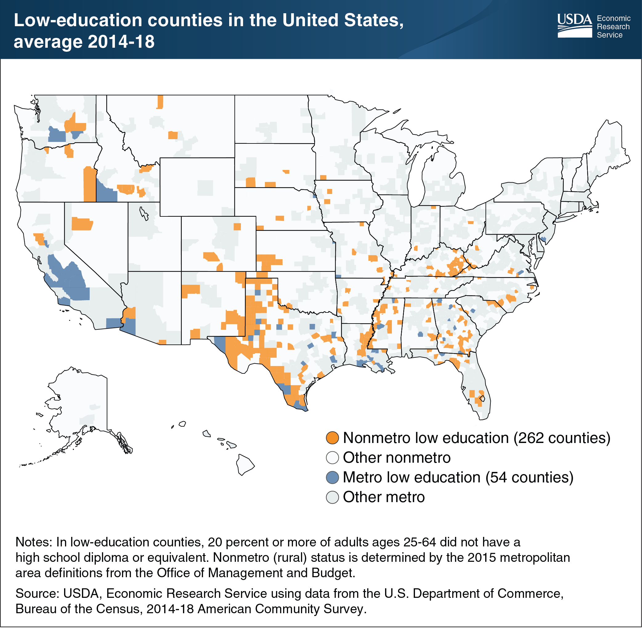 This map shows the low-education counties in the United States, average 2014 to 2018.