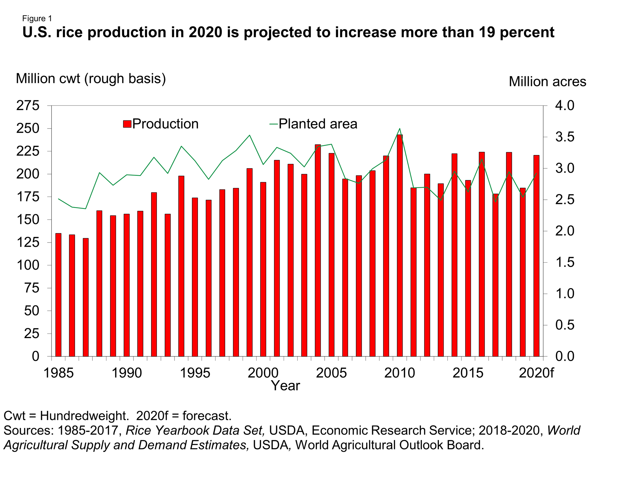 bar chart of U.S. rice production in 2020 is projected to increase more than 19 percent