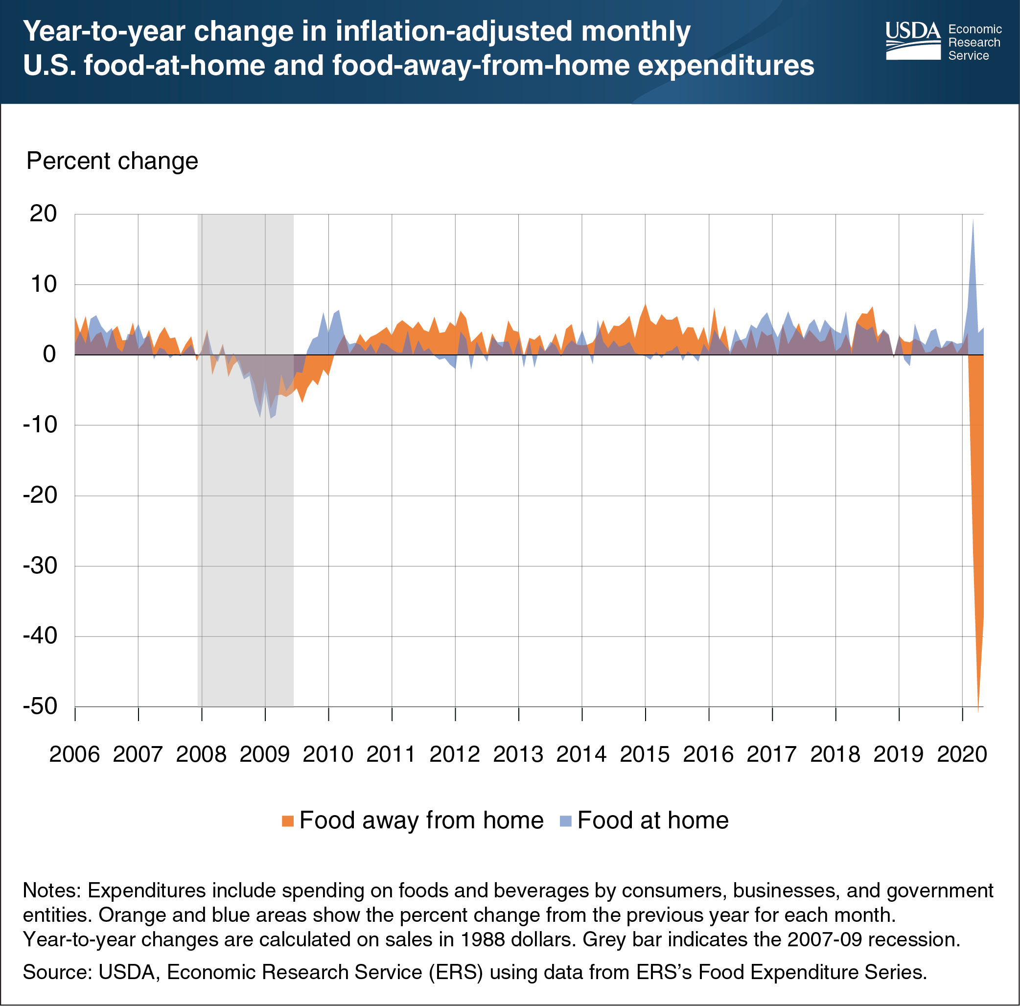 This chart shows the year-to-year change in inflation-adjusted monthly U.S. food-at-home and food-away-from-home expenditures for 2006-20.