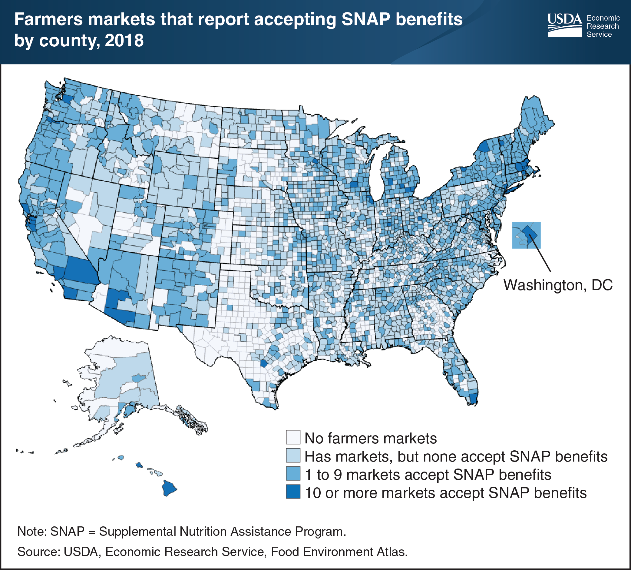 This map chart shows farmers markets that report accepting SNAP benefits by county, 2018.