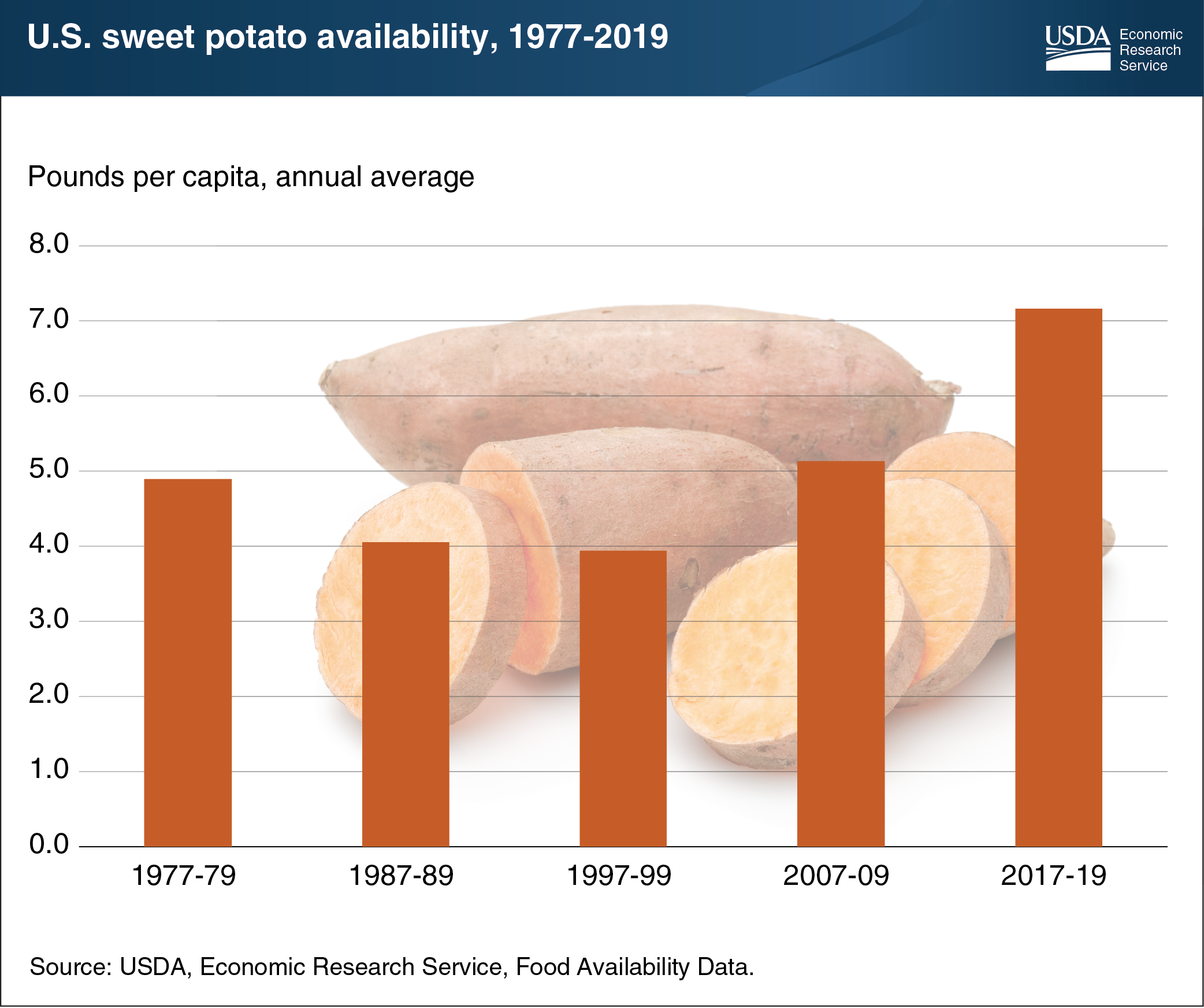 This bar chart shows the pounds per capita, annual average of U.S. sweet potato availability from 1977 to 2019.