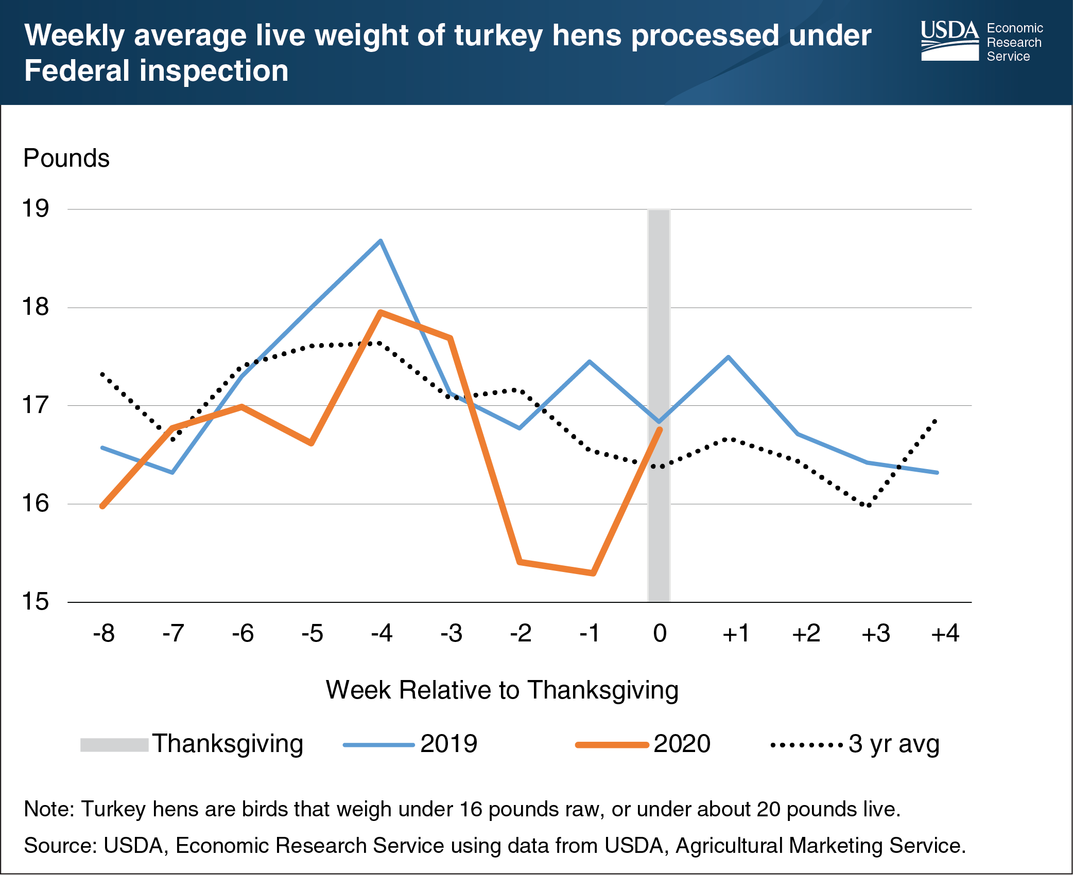 This line chart shows the weekly average live weight of turkey hens processed under federal inspection for 2019, 2020 through Thanksgiving week, and a 3-year average.