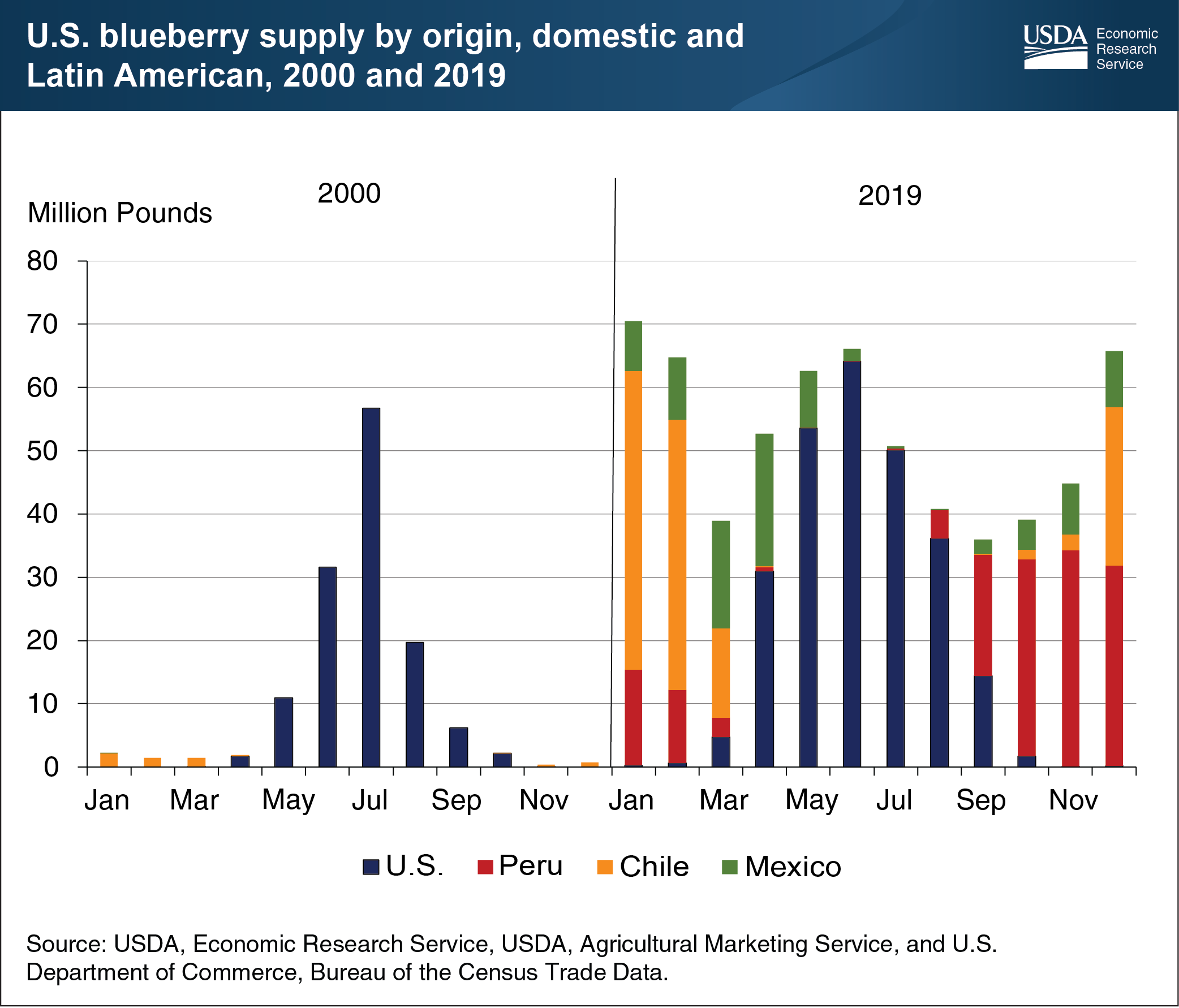 This bar chart shows U.S. blueberry supply by origin, domestic and Latin American, for 2000 and 2019.