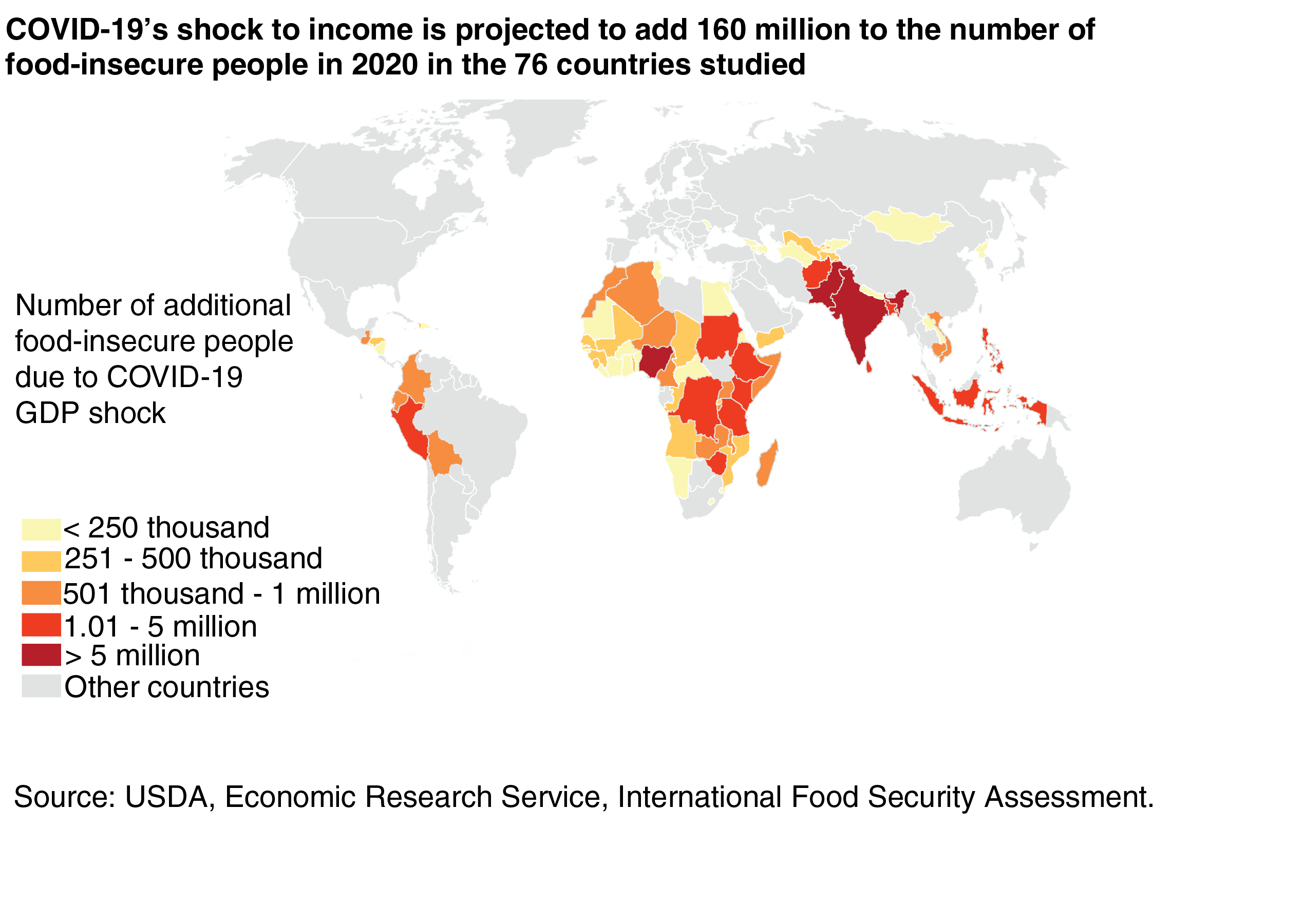 A world map using graduated colors to show higher concentration of food insecurity by country in 2020, indicating highest insecurity in African countries, Latin American countries to a lesser extent, Asia, then lowest in North African countries.