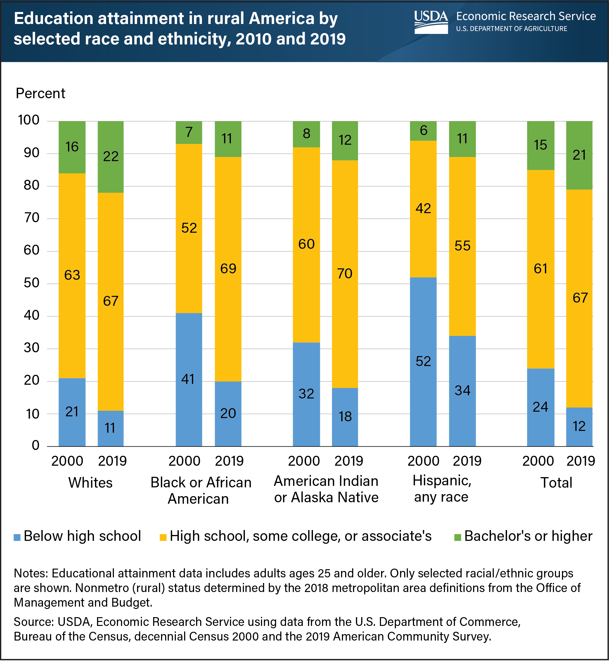 This bar chart shows education attainment in rural America by selected race and ethnicity by percentage, for the years 2000 and 2019.