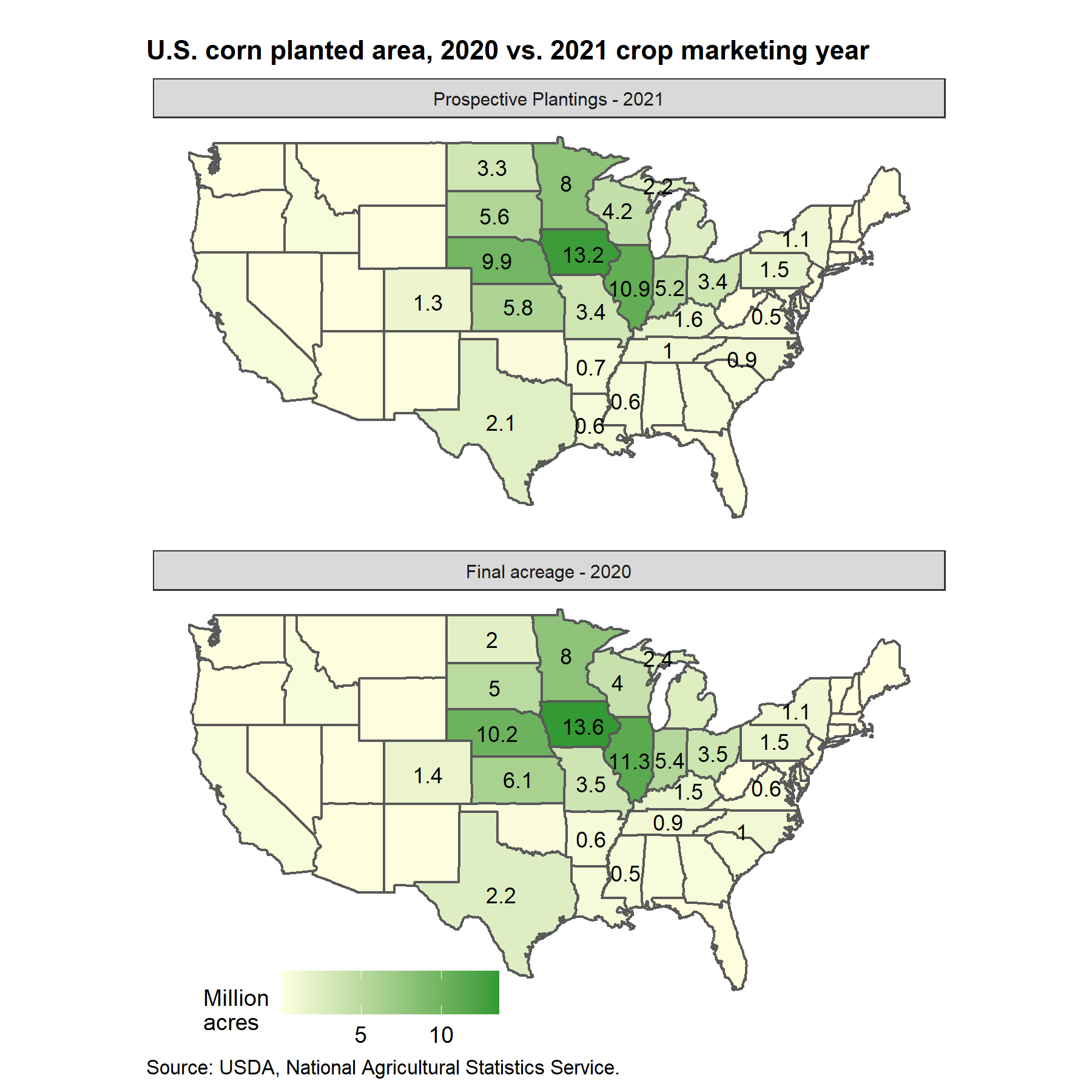Map chart of U.S. corn planted area, 2020 vs 2021 crop marketing year