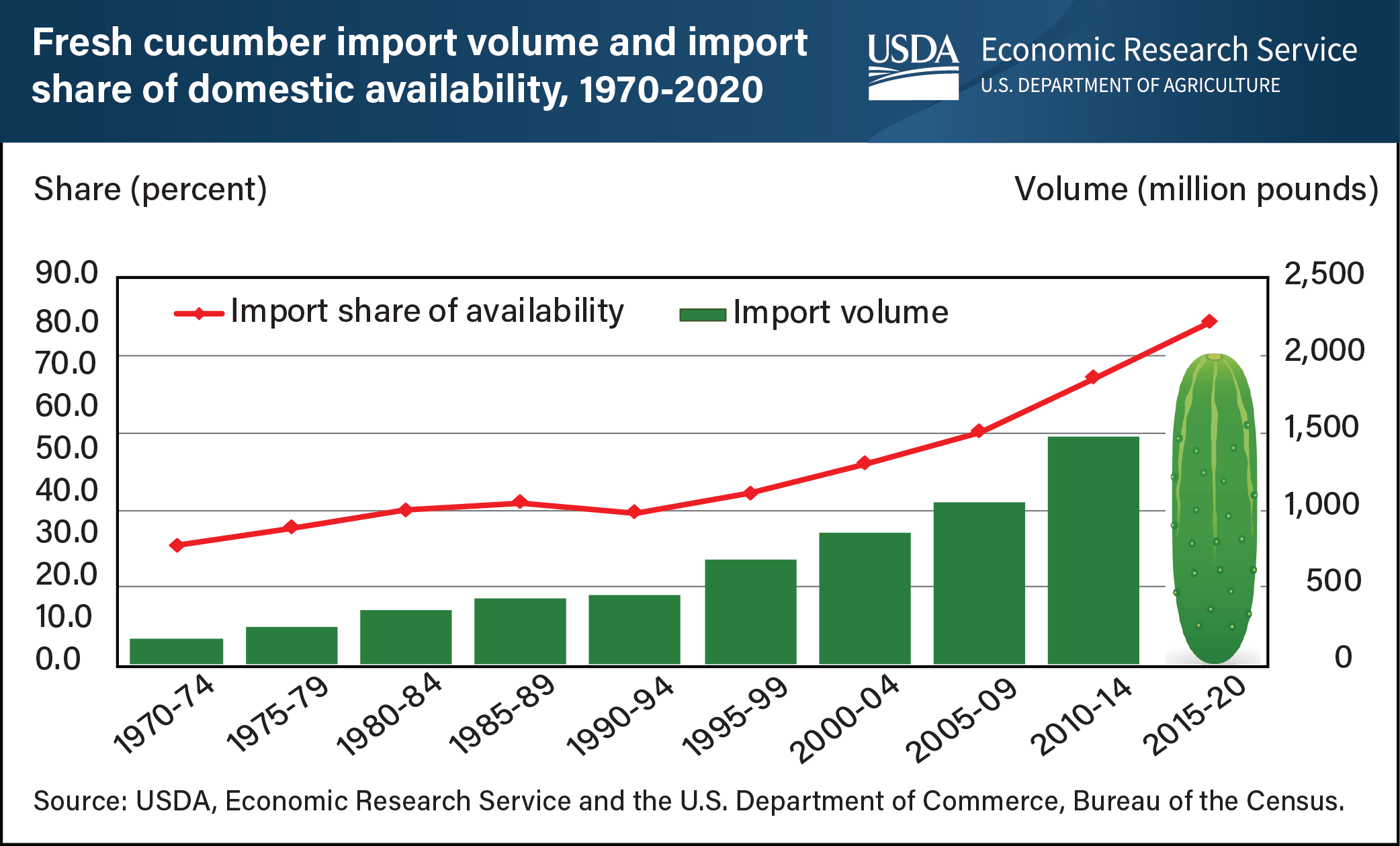 This is a chart with green bars showing the volume, in million pounds, of U.S. cucumber imports from 1970 to 2020 and with a red line showing the imports' share of availability of domestically produced cucumbers in that same time period.