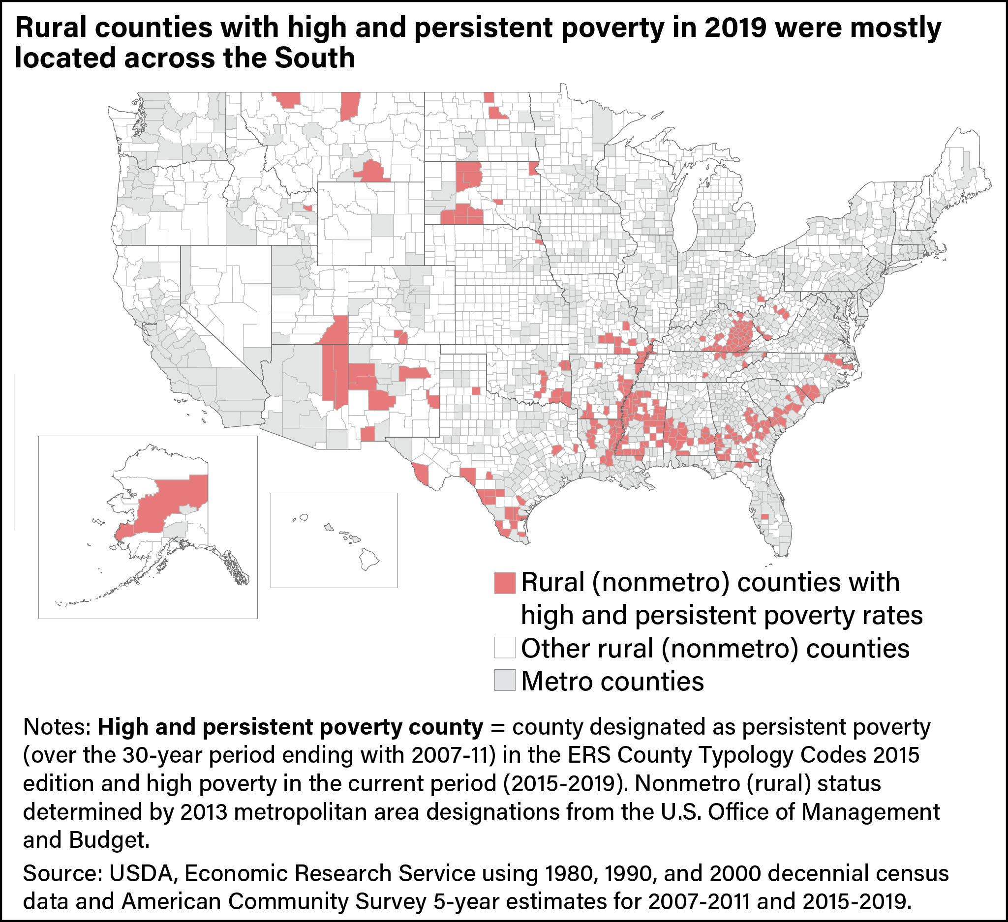 A map shows that counties with high and persistent poverty in 2019 were widespread across the South.