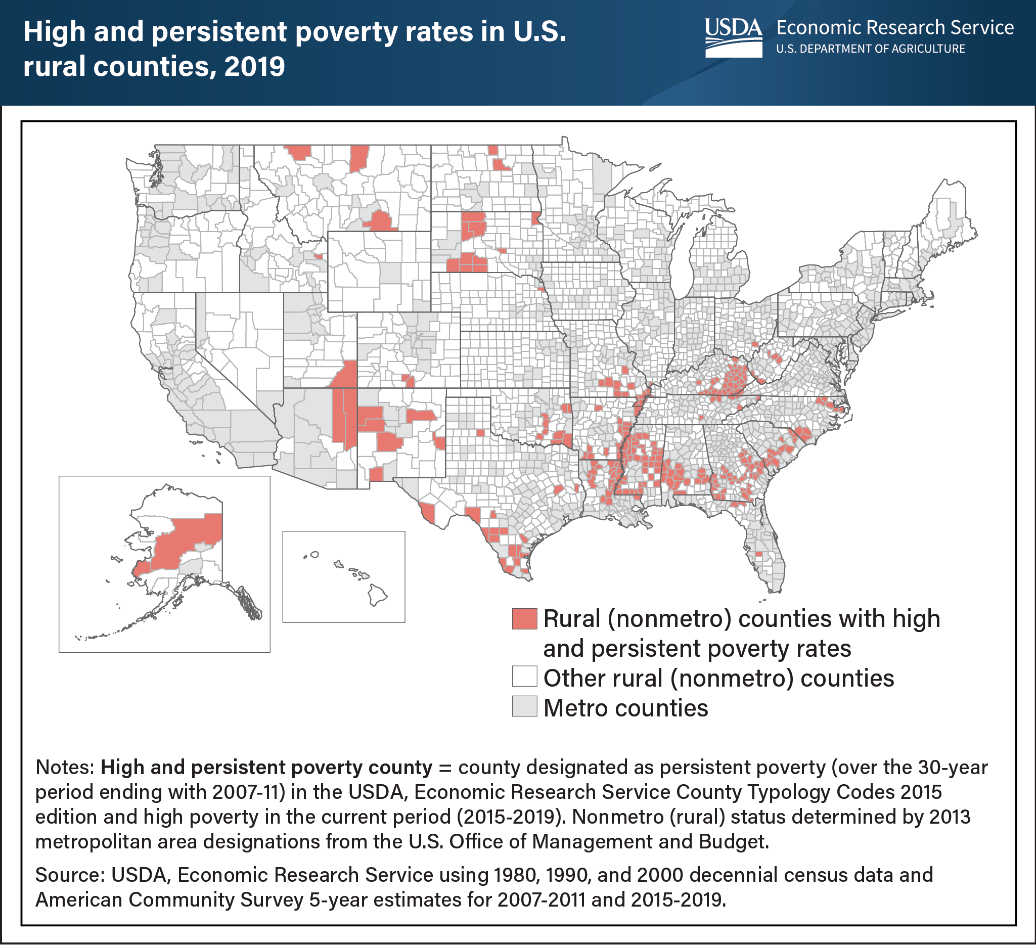This is a map showing which rural counties in the United States had high and persistent poverty rates in 2019.