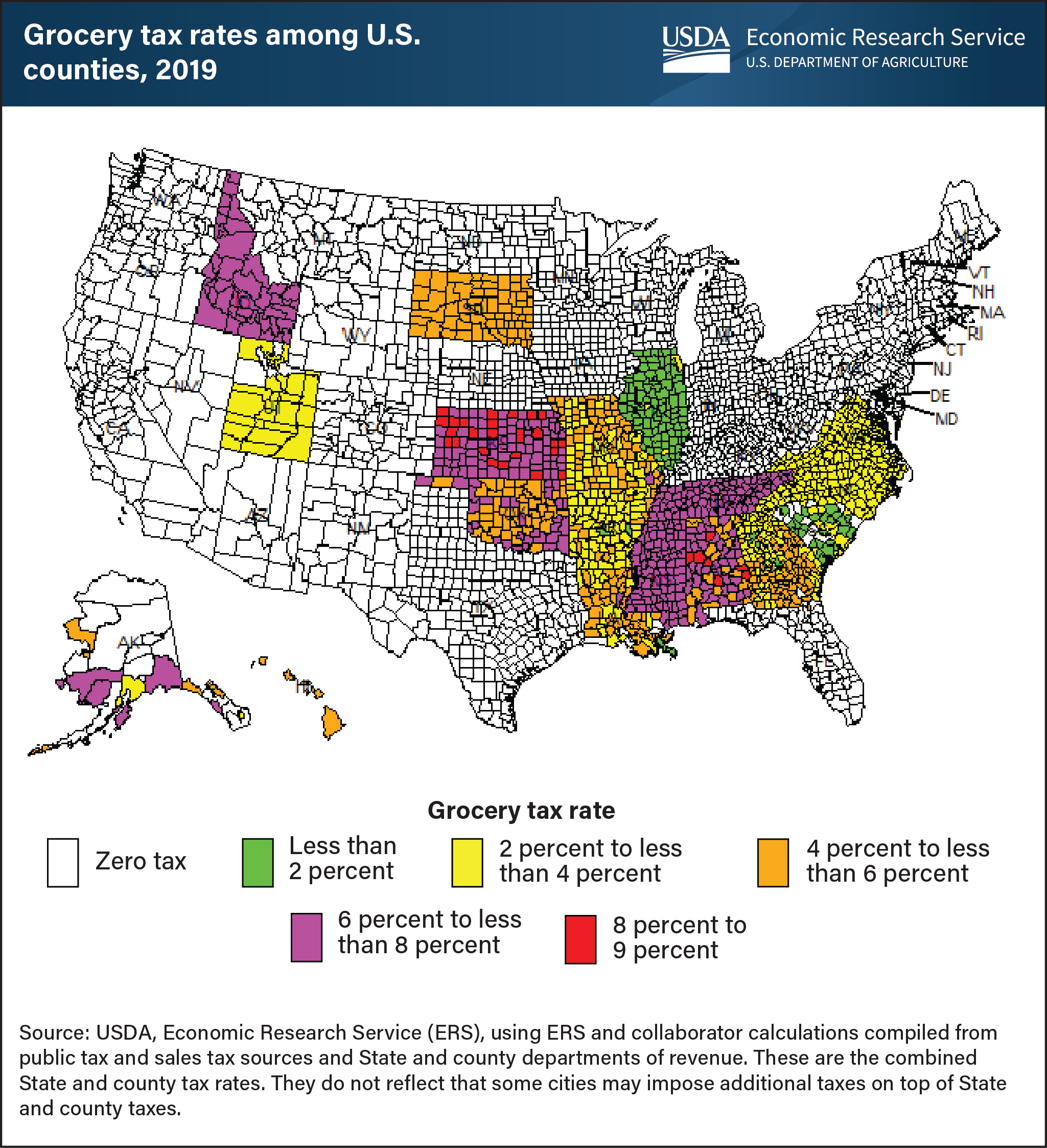 This is a map of the United States showing grocery tax rates among counties in 2019.
