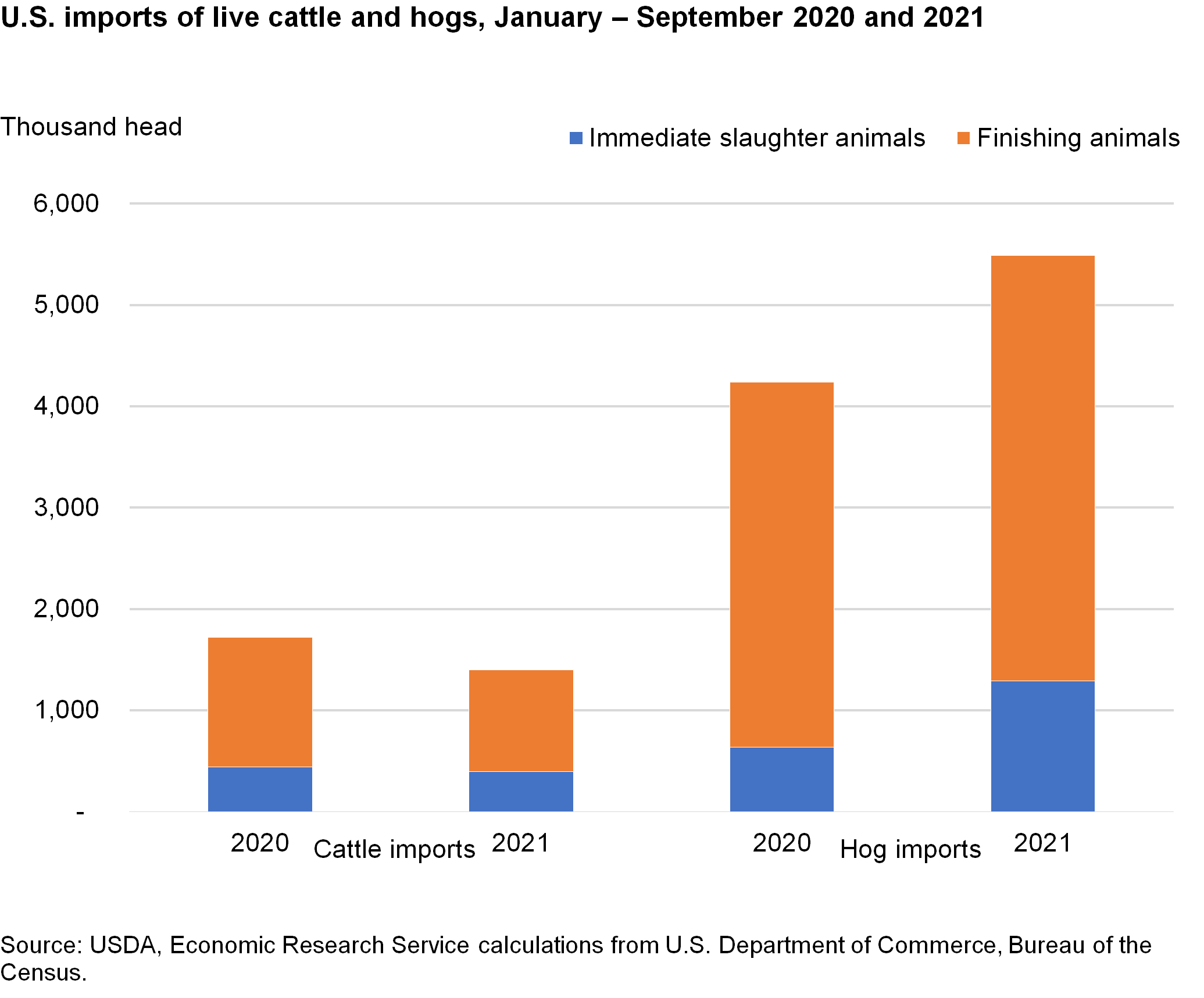 U.S. imports of live cattle and hogs, January – September 2020 and 2021