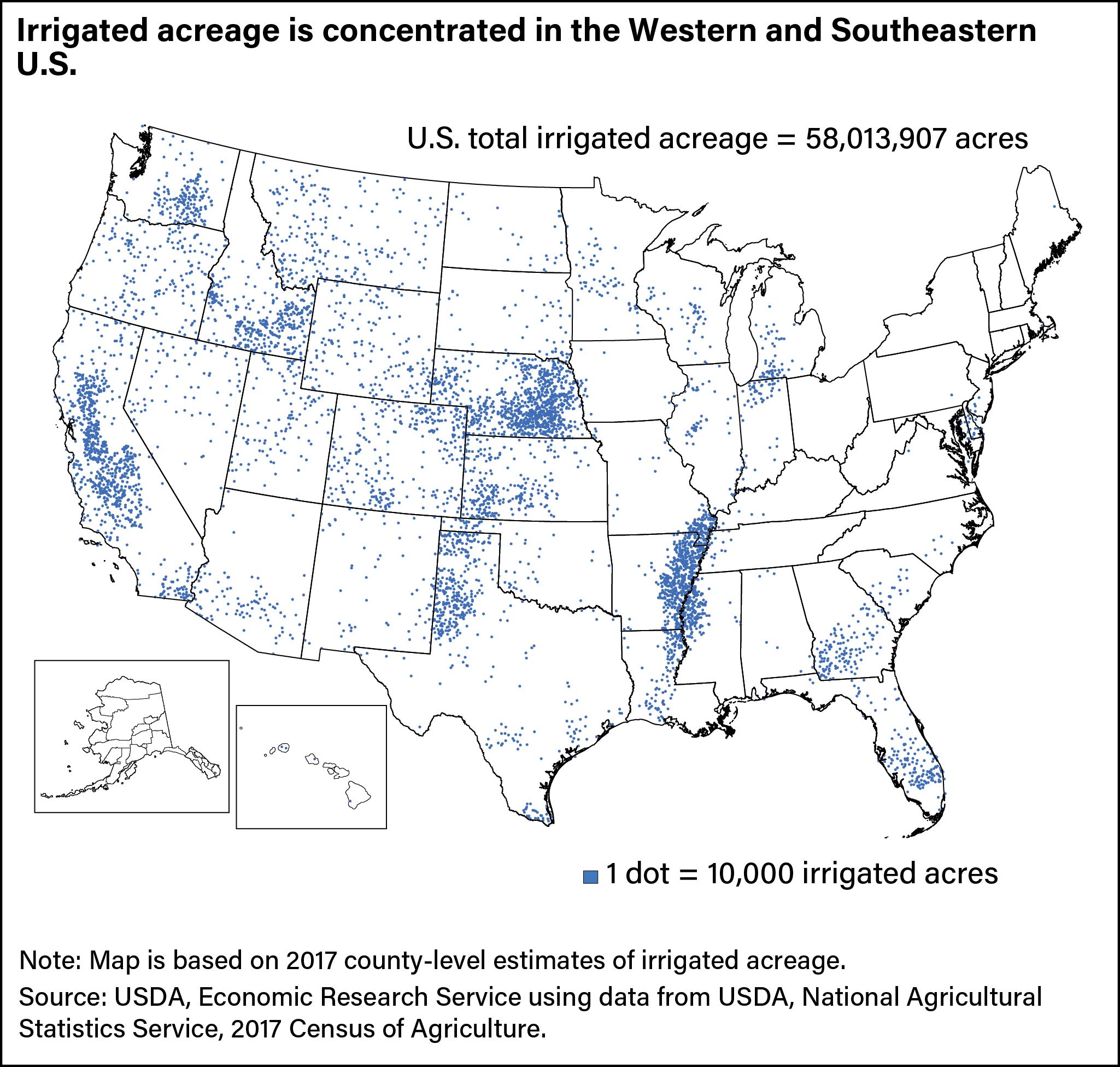 Map of United States using dots to show where irrigated agriculture was present in 2017.