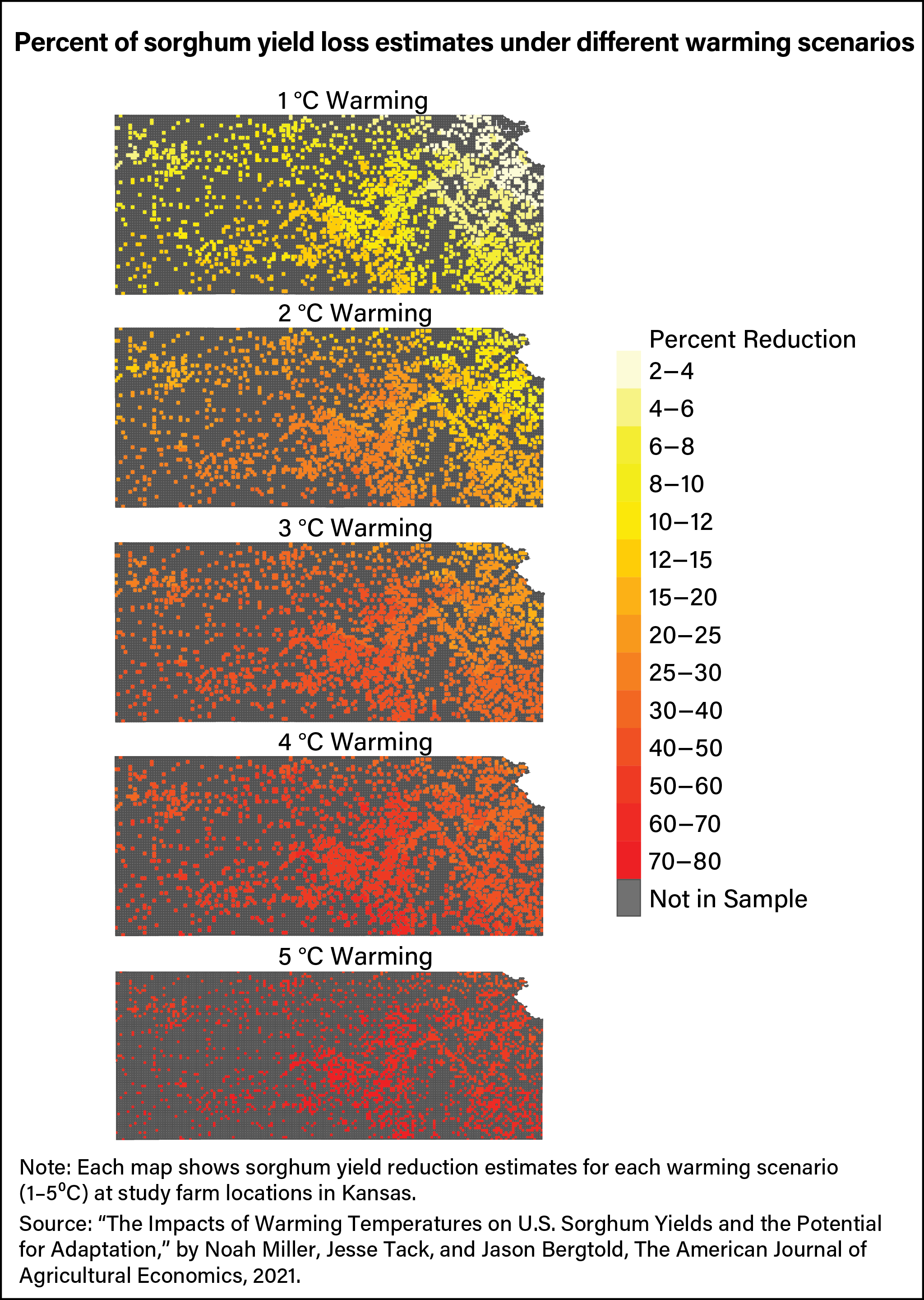 Five scatter maps, showing percent sorghum yield reduction at 1 ⁰C warming, 2 ⁰C warming, 3 ⁰C warming, 4 ⁰C warming and 5 ⁰C at study farm locations across Kansas.