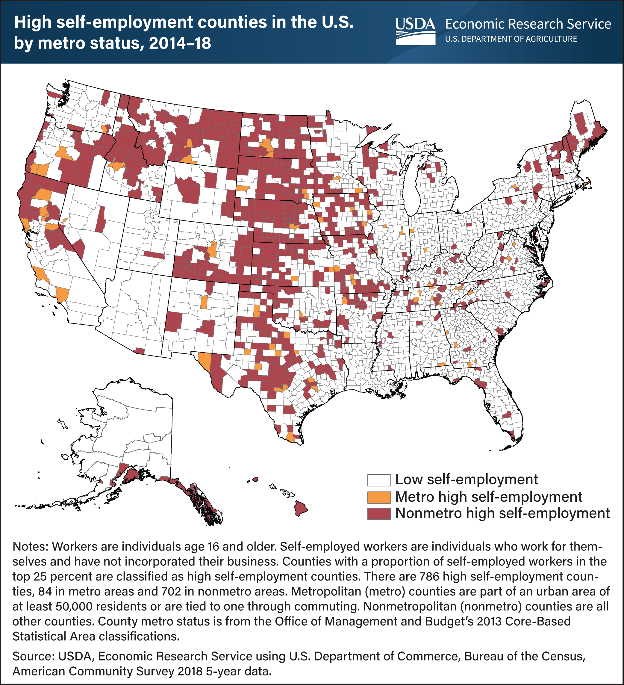 This is a map of the United States showing which counties are designated as having high levels of self-employment divided into metropolitan and nonmetropolitan counties.