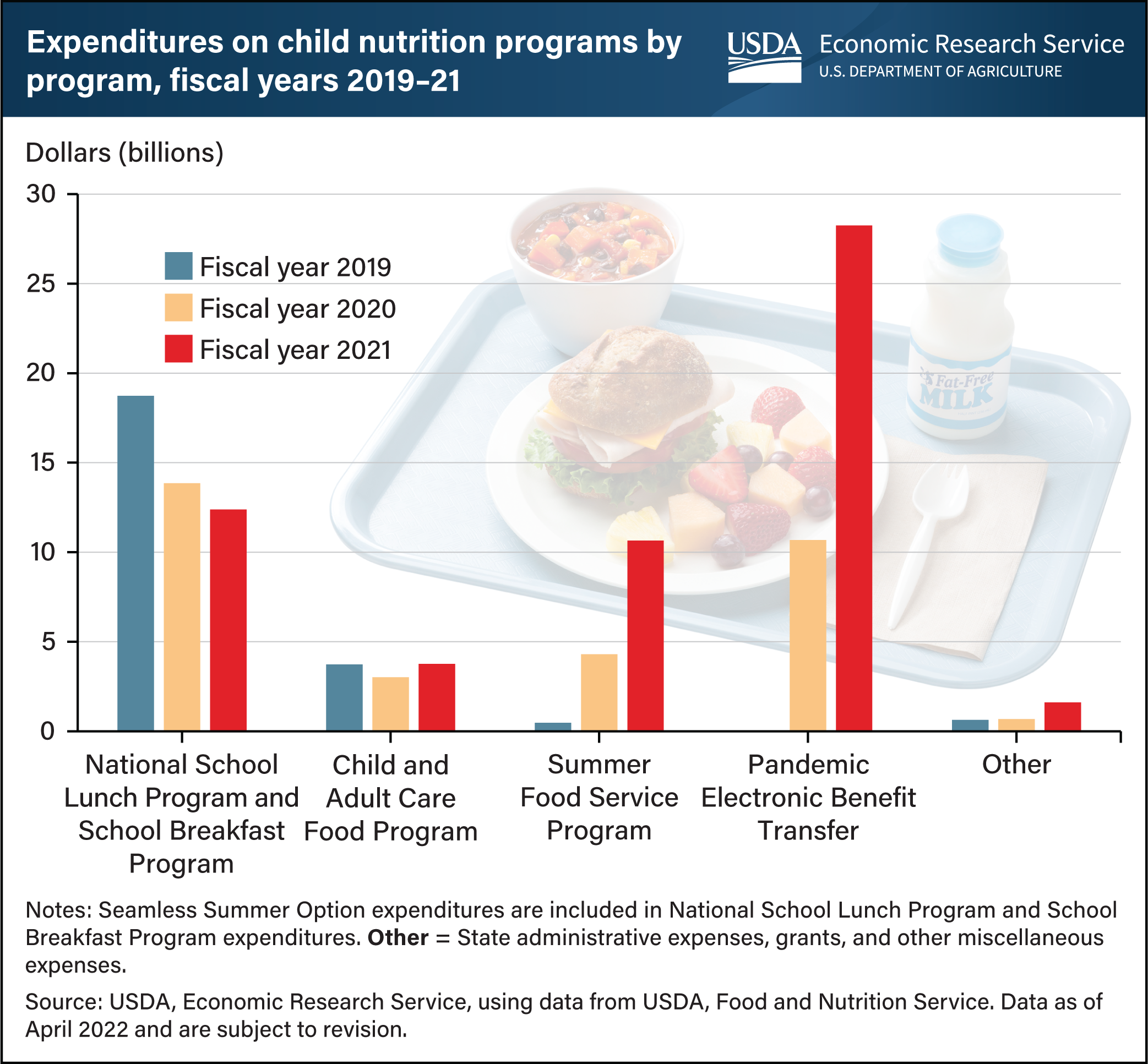This is a bar chart showing expenditures on various child nutrition programs in fiscal years 2019-21.