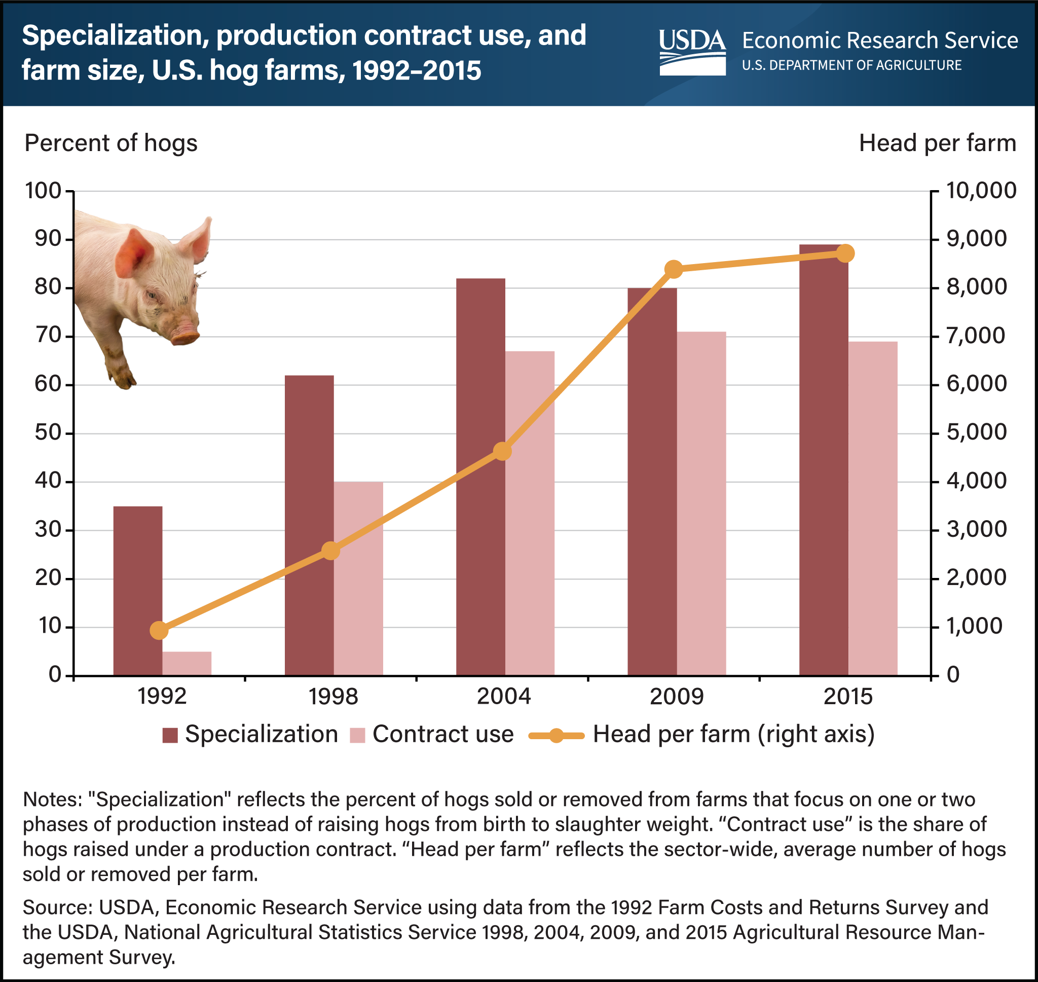 A bar chart showing the specialization and production contract use for U.S. hog farms from 1992 to 2015, overlain with a line graph showing the average farm size in the same period. A photo of a pig is in the upper left.