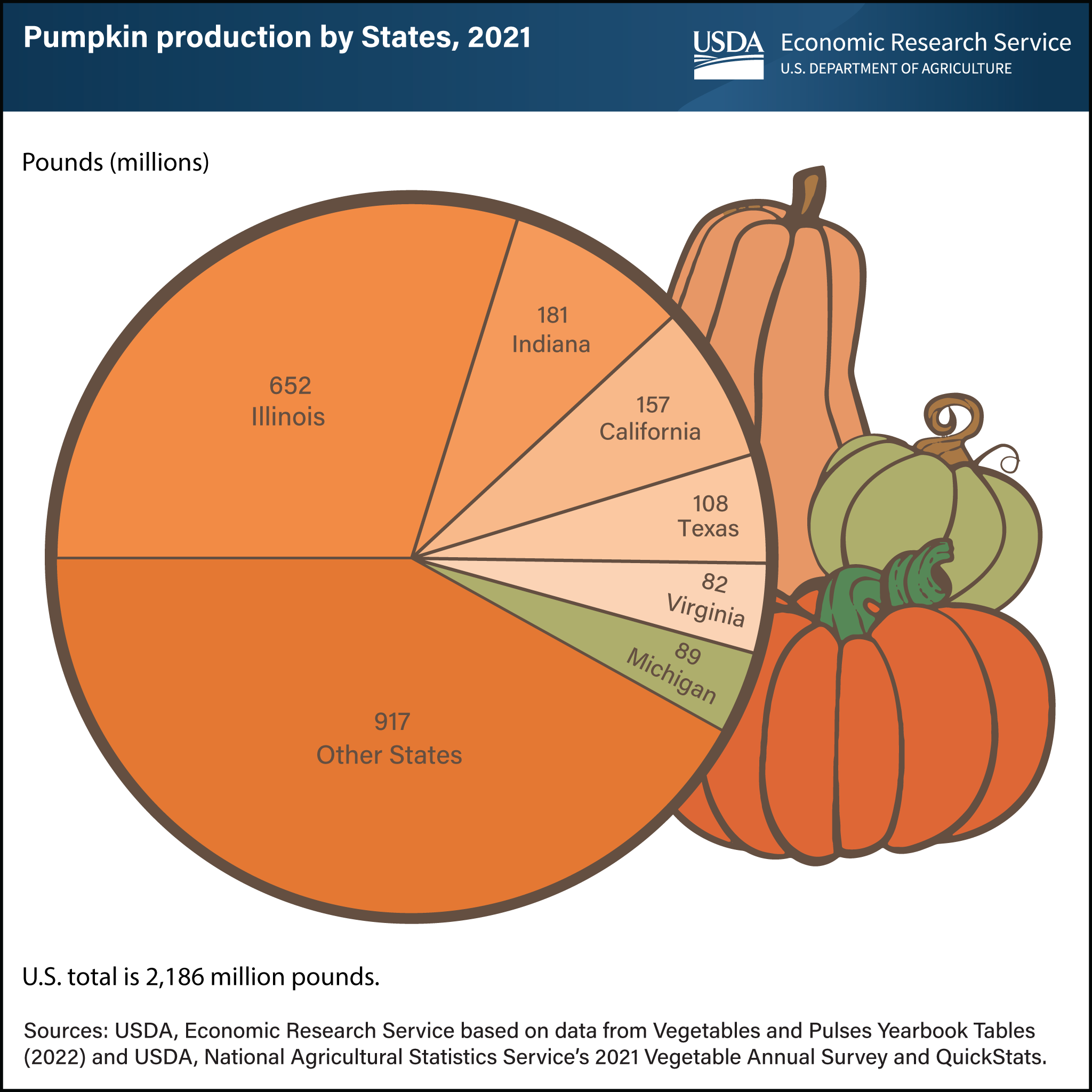 A pie chart showing the pumpkin production in the United States, broken out by State for 2021.