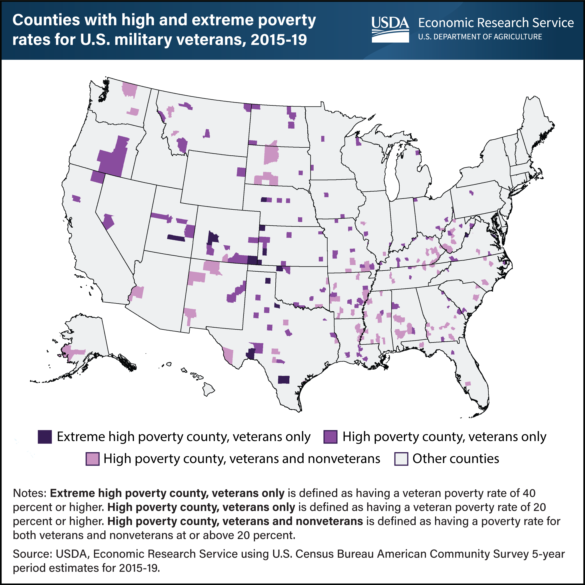 Map of the United States showing counties with high and extreme poverty rates for U.S. military veterans from 2015–19.