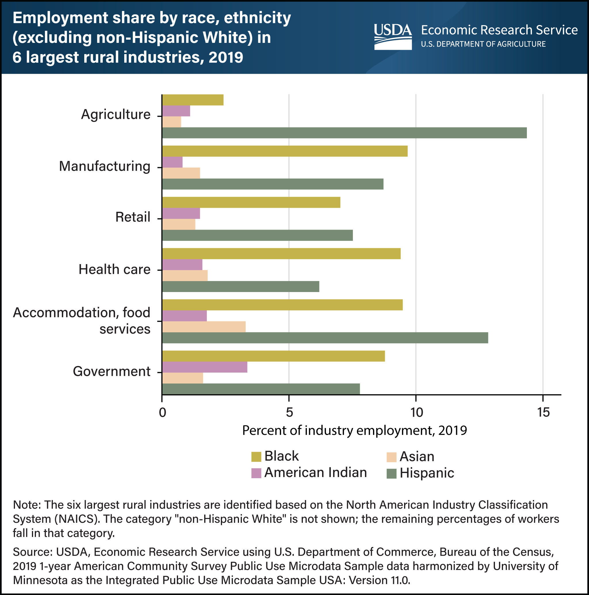 Horizontal bar chart showing employment by race and ethnicity (not including non-Hispanic White) in the six largest rural industries in 2019.