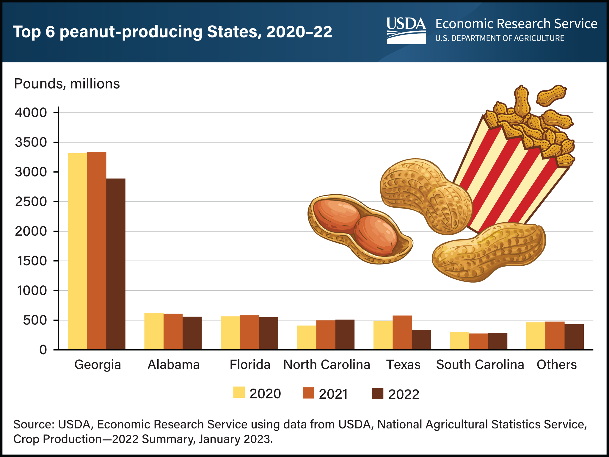 Vertical bar chart showing the top 6 peanut-producing States between 2020 and 2022