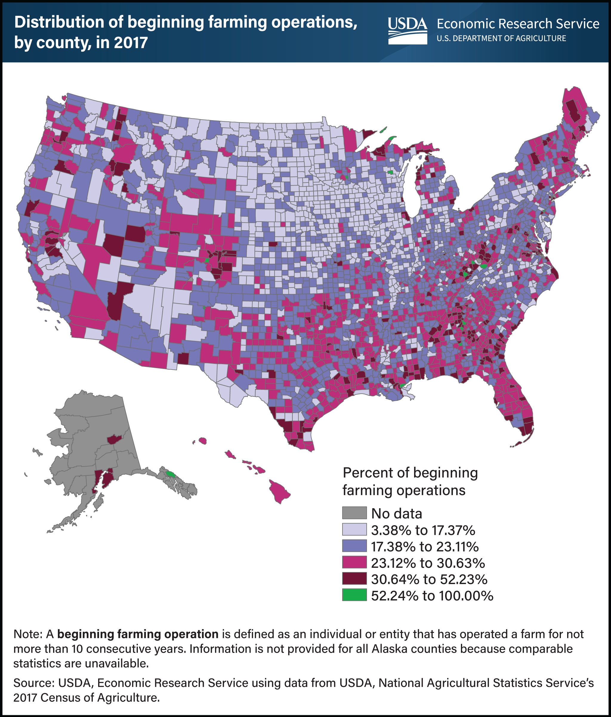 This is a map of the United States showing the percent of beginning farming operations by county in 2017