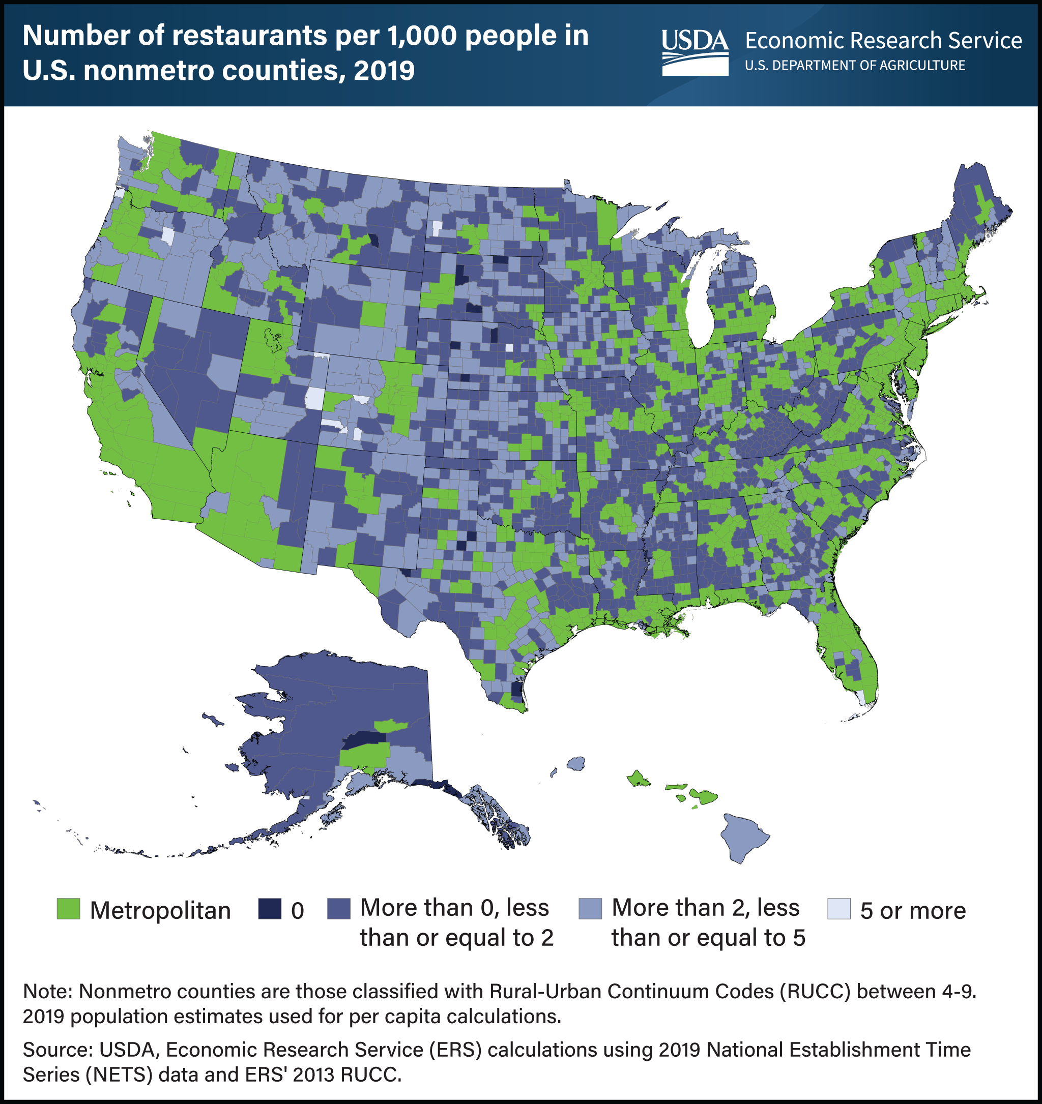 Map showing number of restaurants per 1,000 people in U.S. nonmetro counties