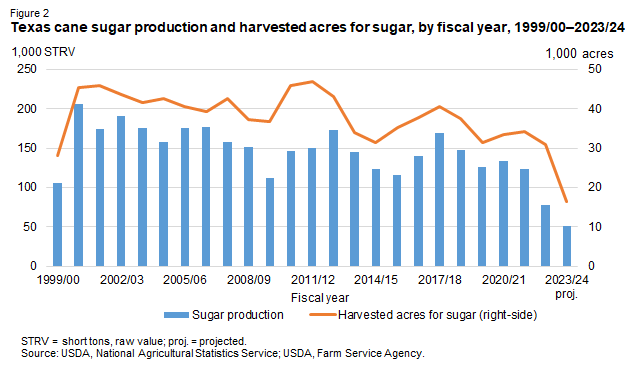 Line and bar chart of Texas cane sugar production and harvested acres for sugar, by fiscal year, 1999/00–2023/24