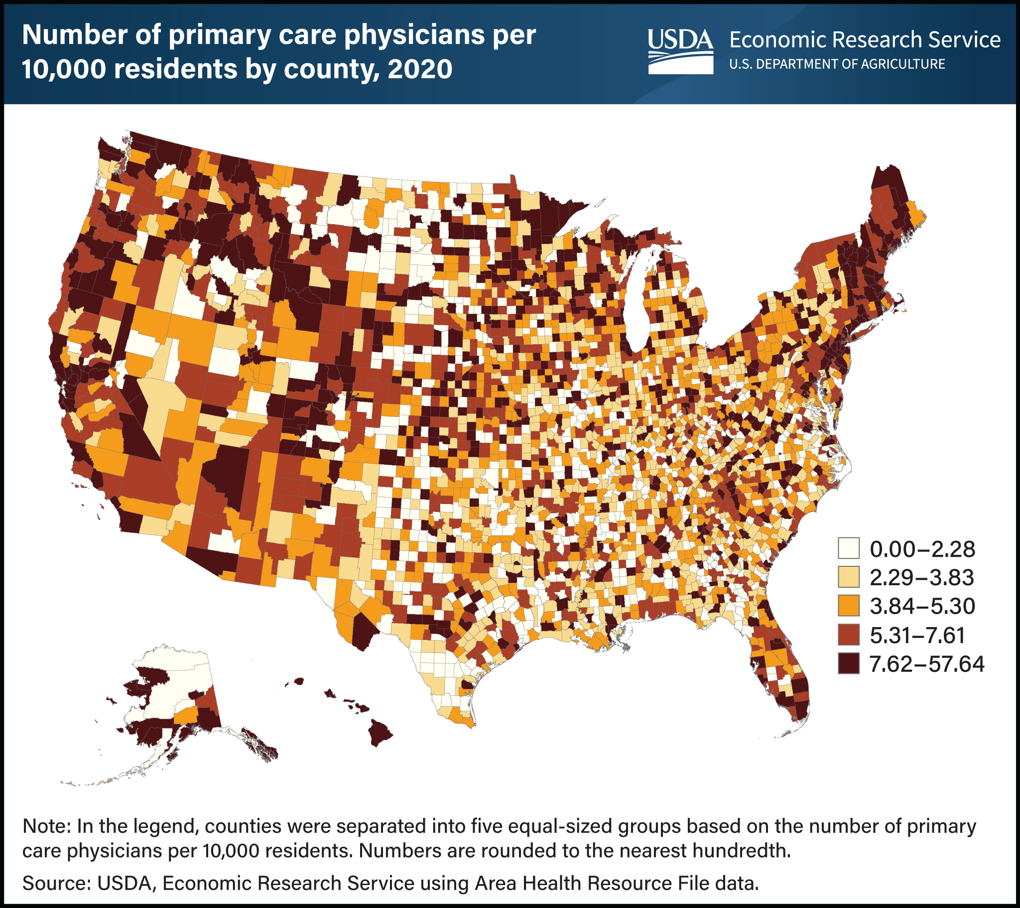 U.S. map showing the number of primary care physicians per 10,000 residents by county in 2020