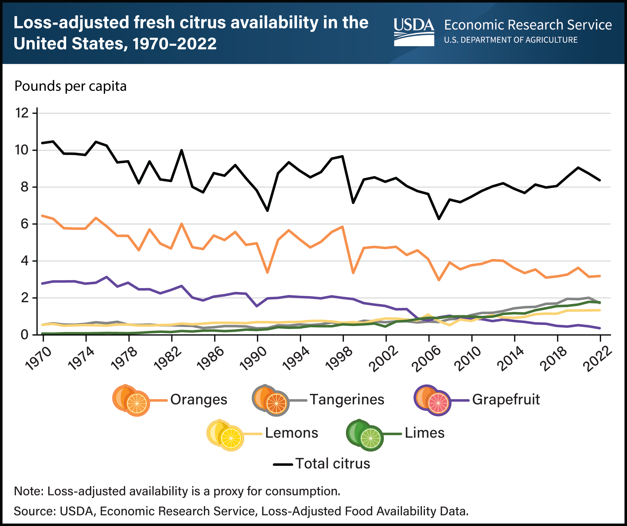 Line chart showing loss-adjusted fresh citrus availability in the United States between 1970 and 1922,