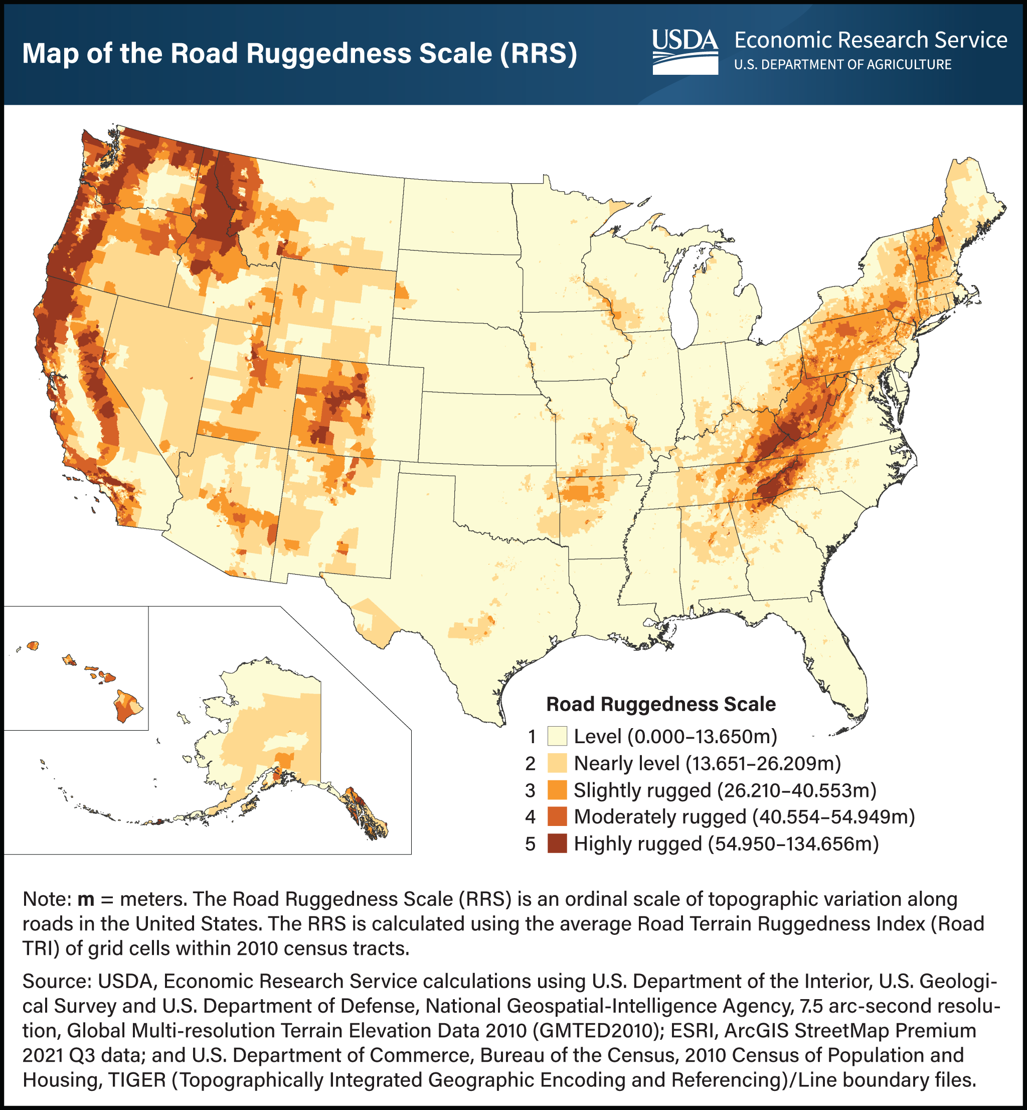 U.S. map showing levels of road ruggedness across the country.