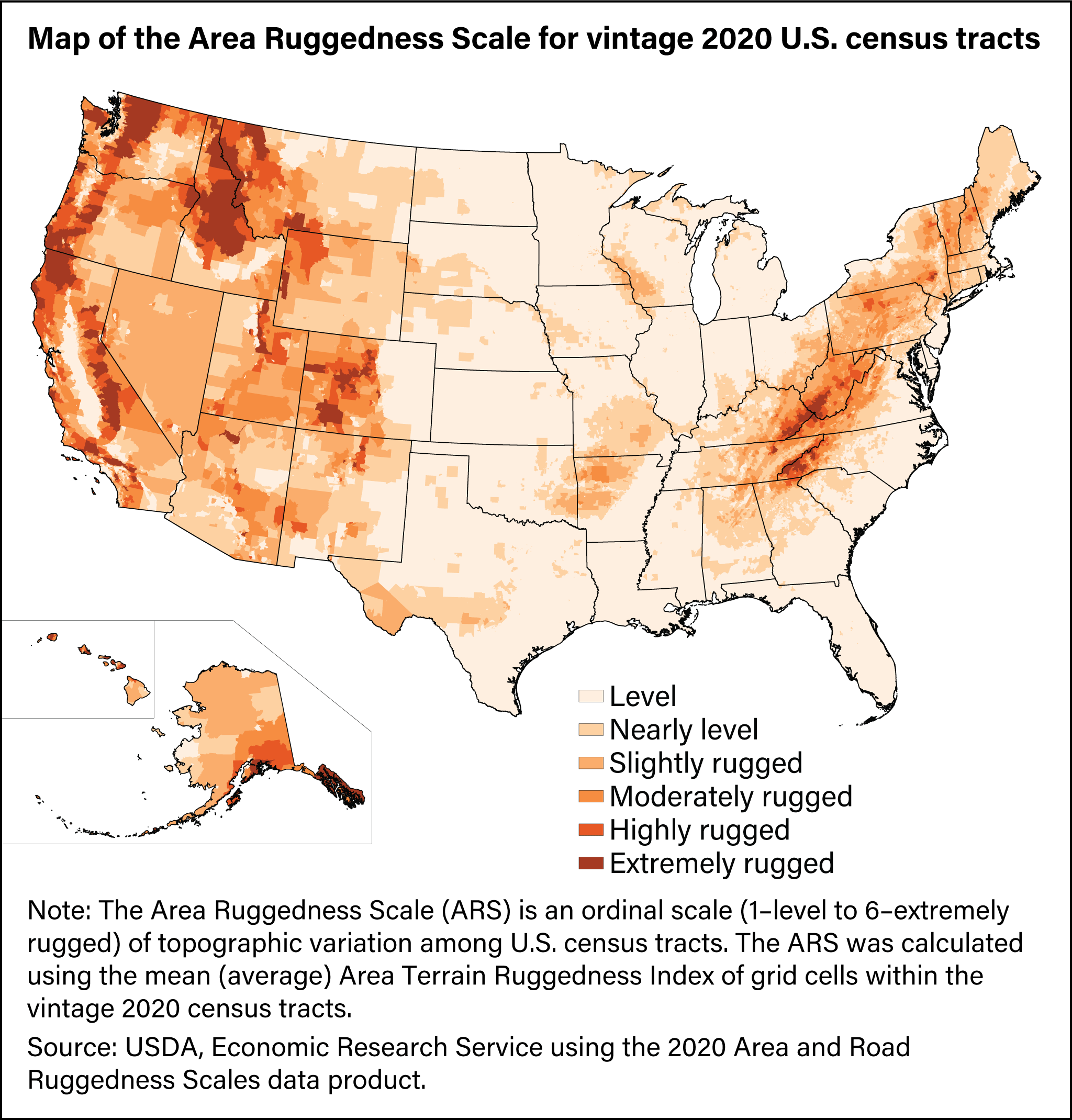 A map shows each of the land-based census tracts from the 2020 decennial census classified into one of six ARS categories based on its mean Area TRI.