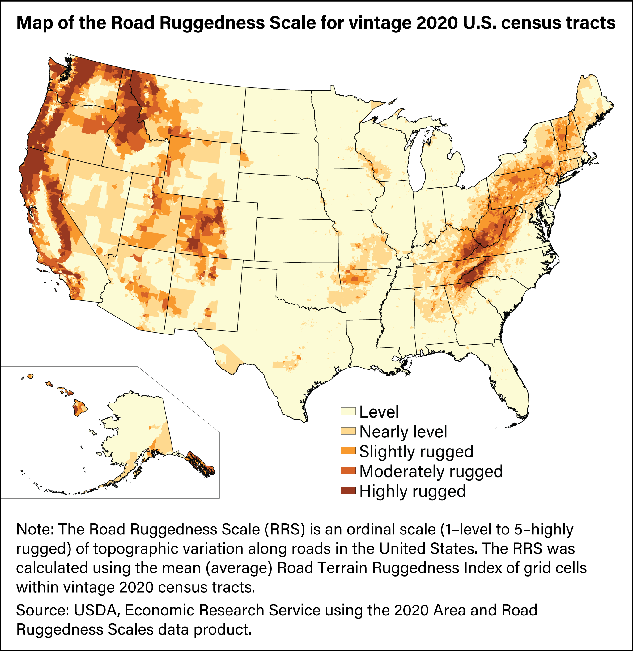 A U.S. map shows each of the 84,116 land-based census tracts from the 2020 decennial census classified into one of five RRS categories based on its mean Road TRI.